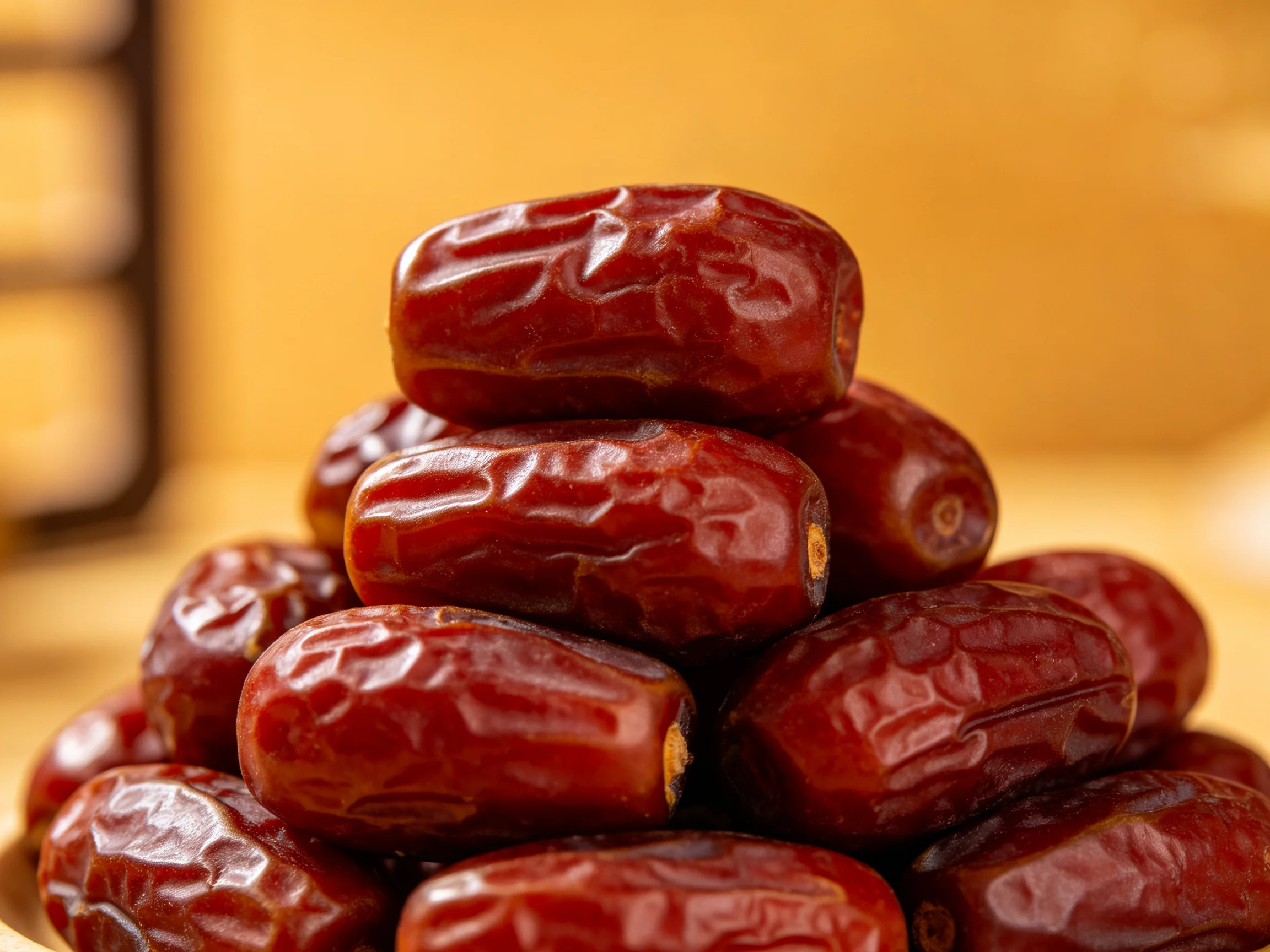 A pyramid of glossy, deep-red dates arranged on a wooden surface