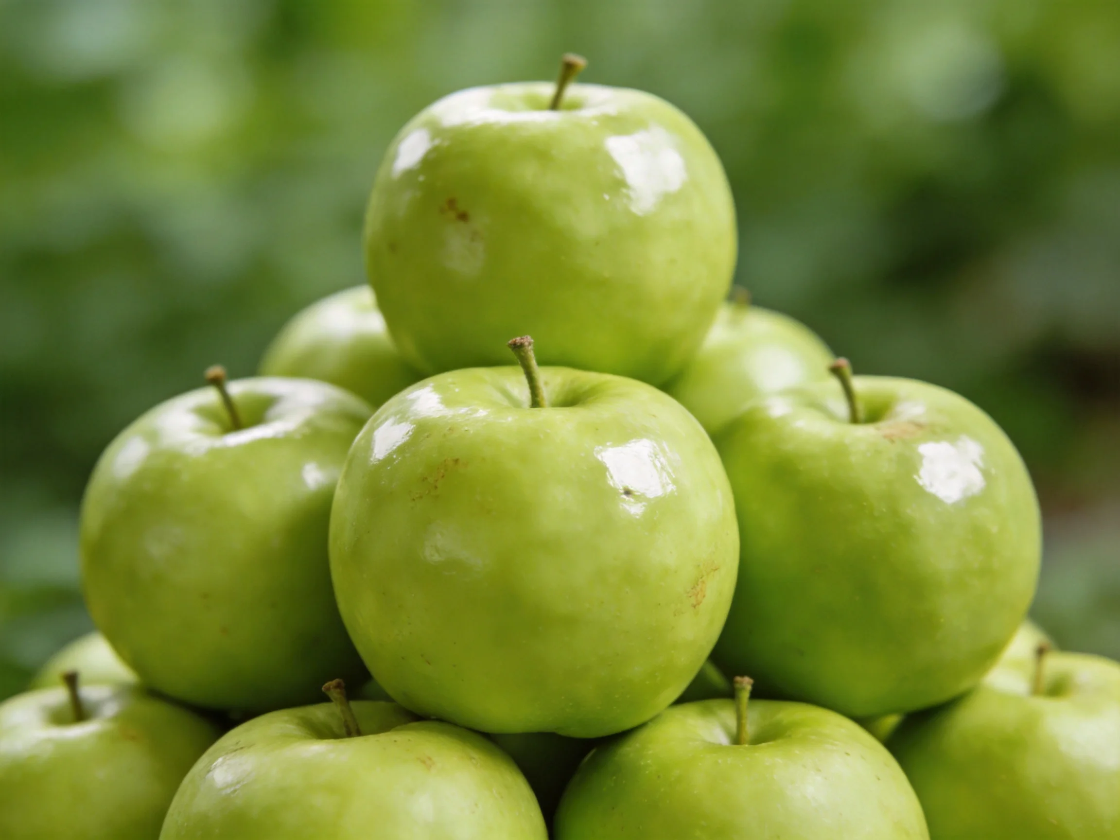 A pyramid of glossy green apples arranged in layers