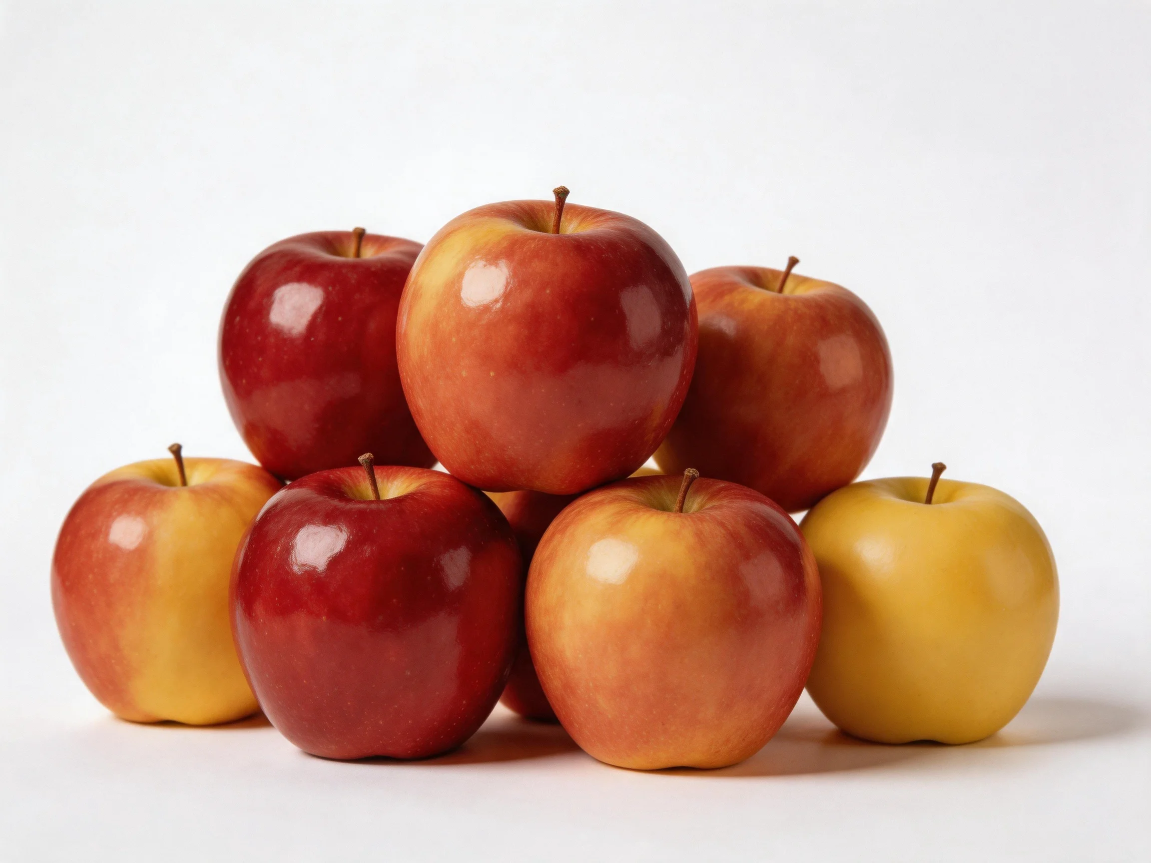 A pyramid of glossy red and golden apples arranged against a white backdrop