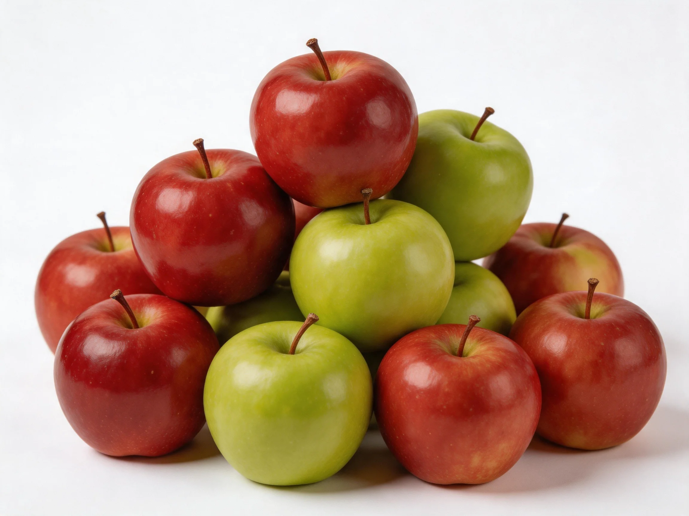 A pyramid of glossy red and green apples arranged on a white surface