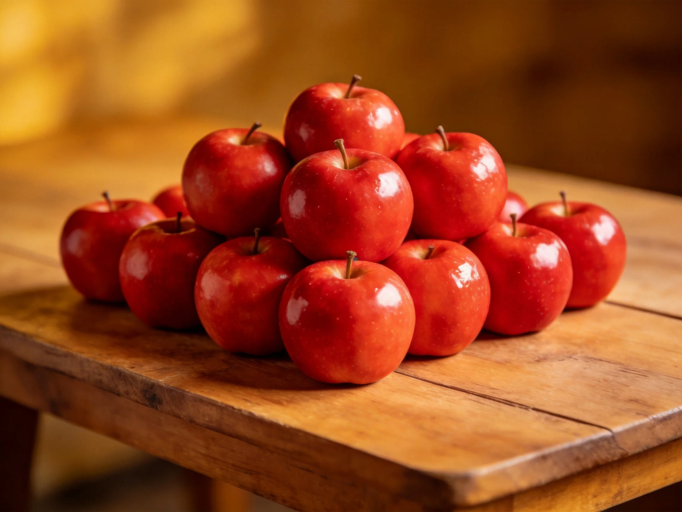 A pyramid of glossy red apples arranged on a rustic wooden table