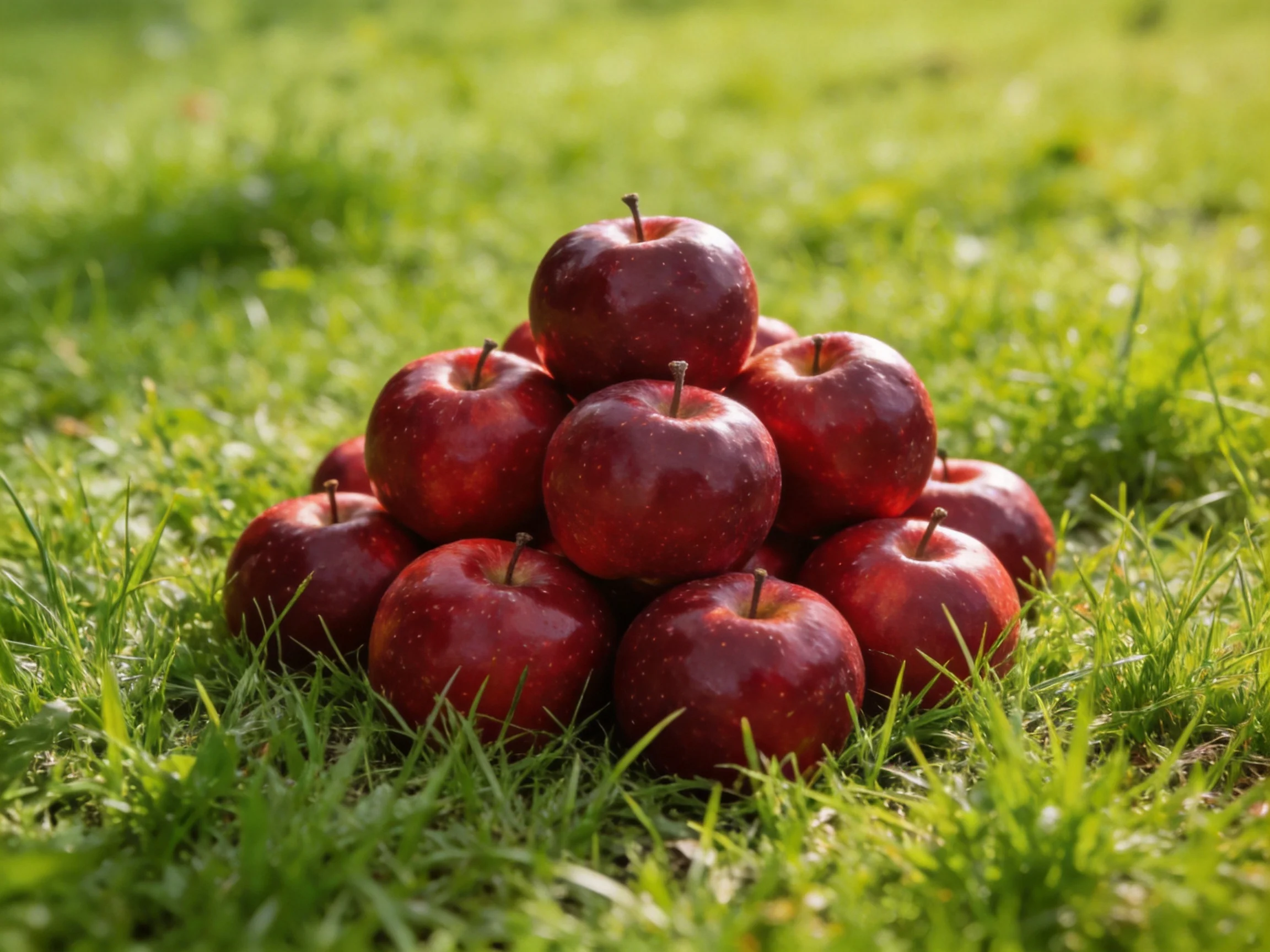 A pyramid of glossy red apples arranged on lush green grass