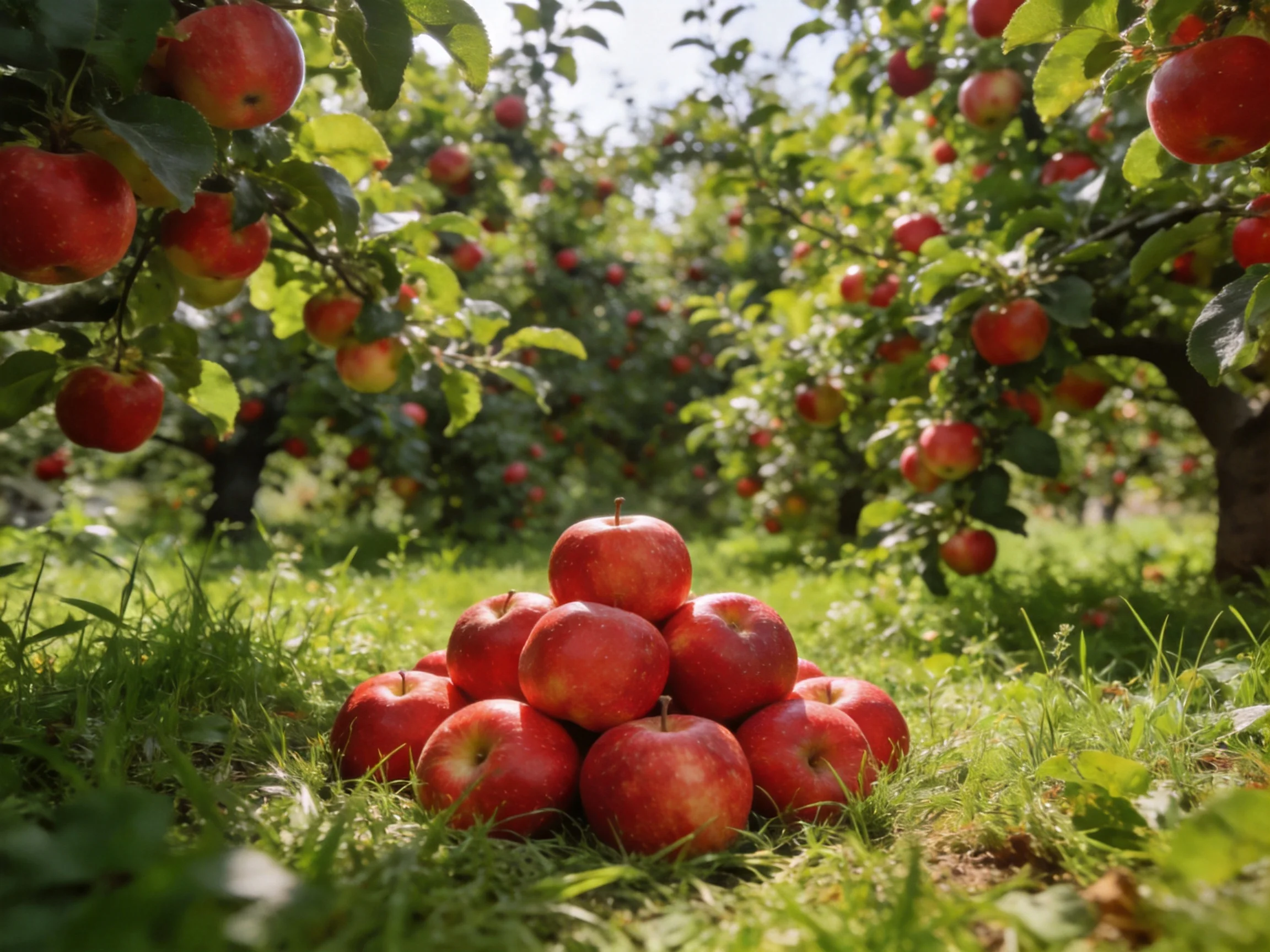 A pyramid of glossy red apples in a sun-drenched apple orchard
