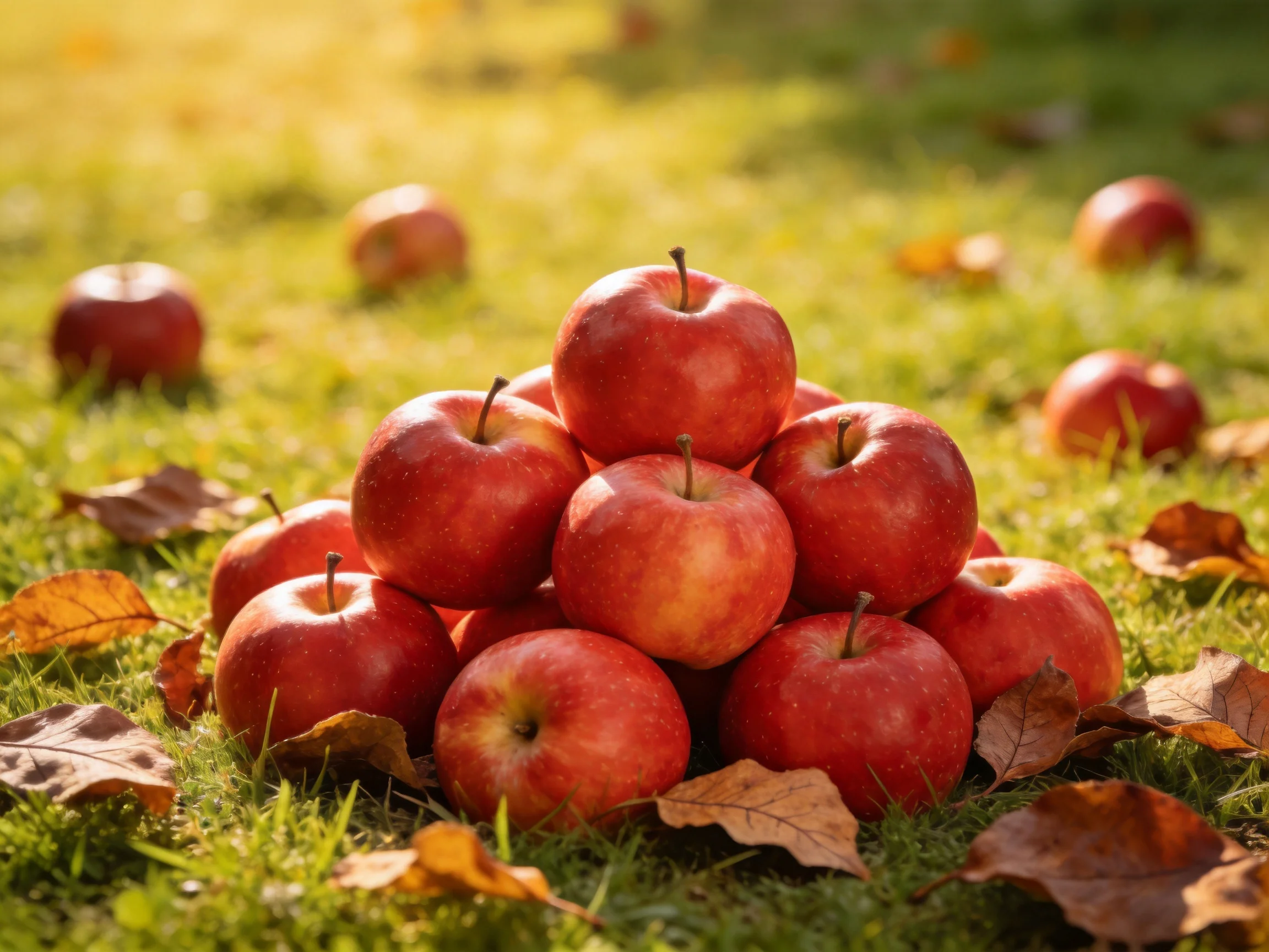 A pyramid of glossy red apples rests on green grass with scattered brown leaves.