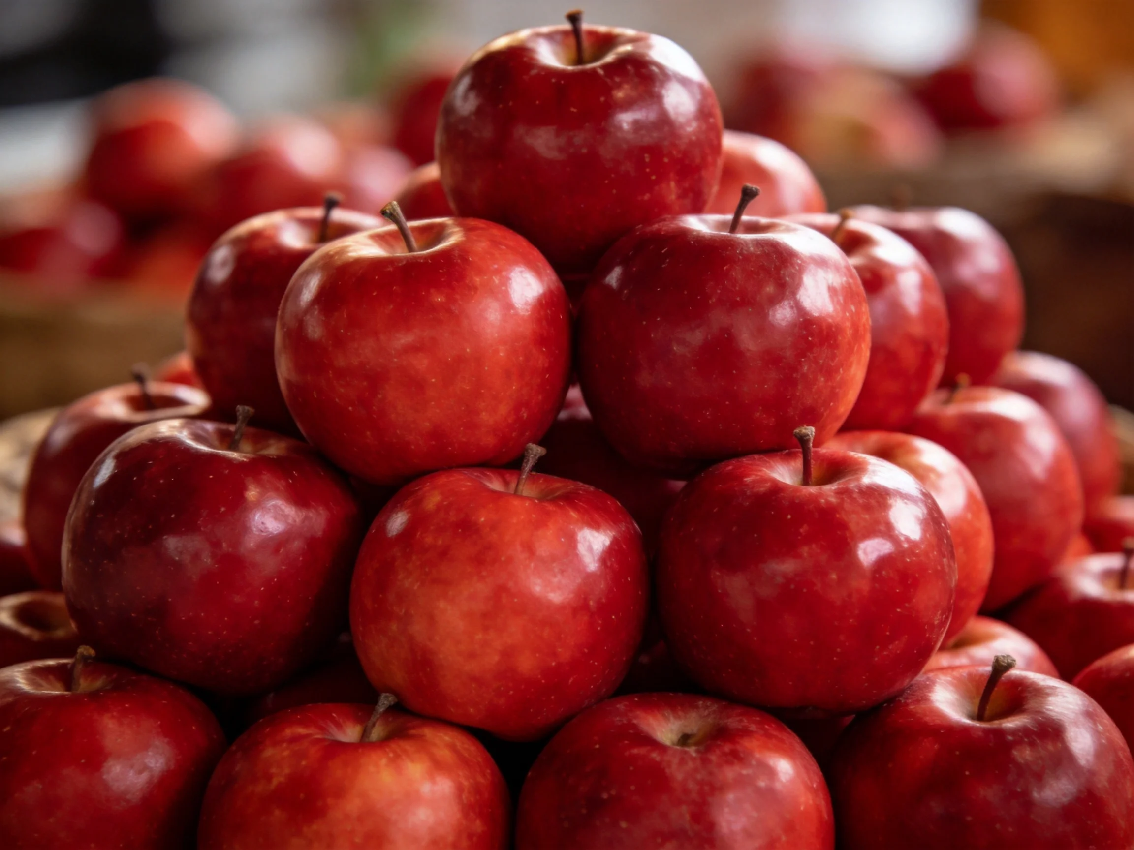 A pyramid of glossy red apples stacked in layers