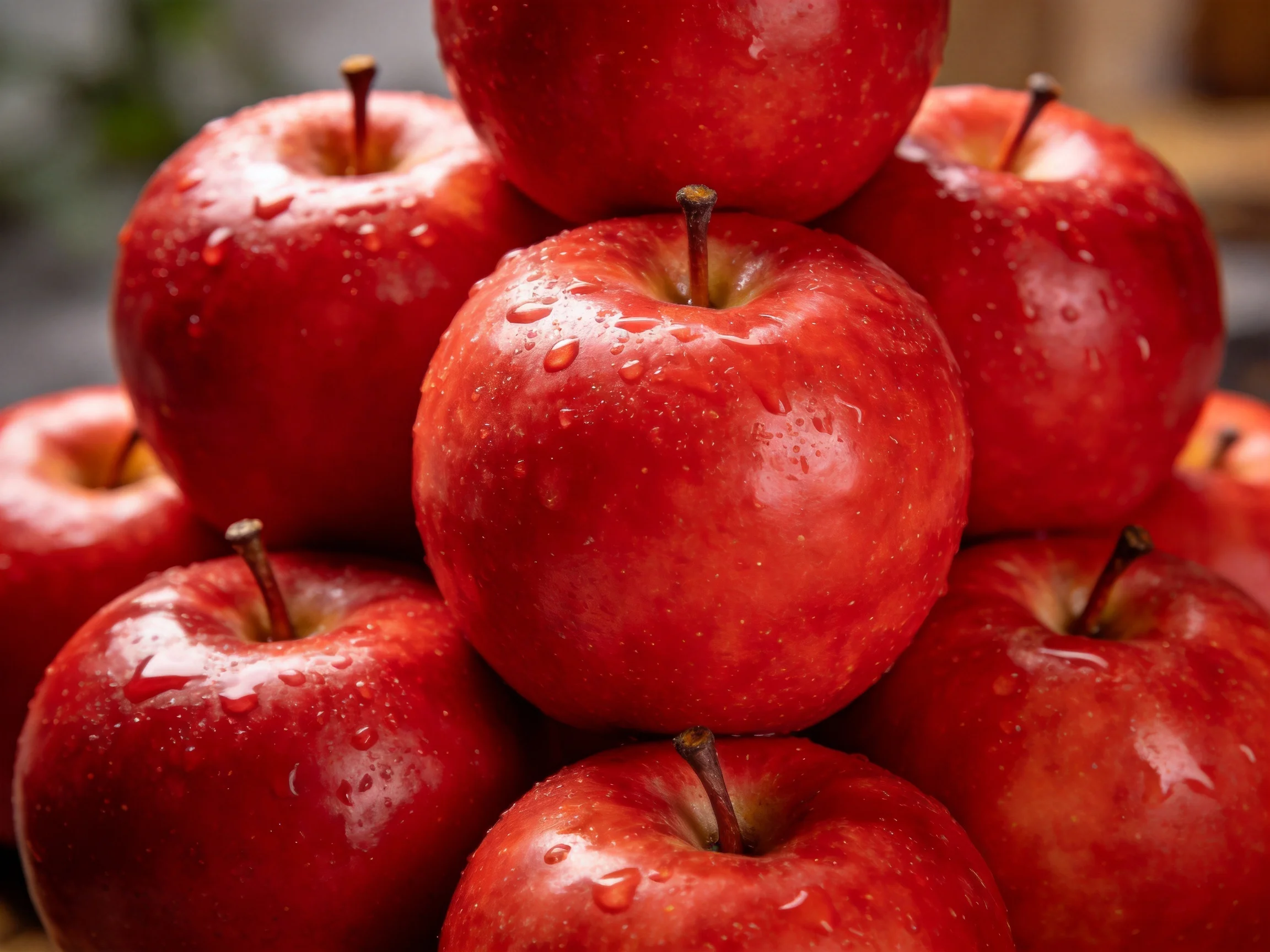 A pyramid of glossy red apples with water droplets