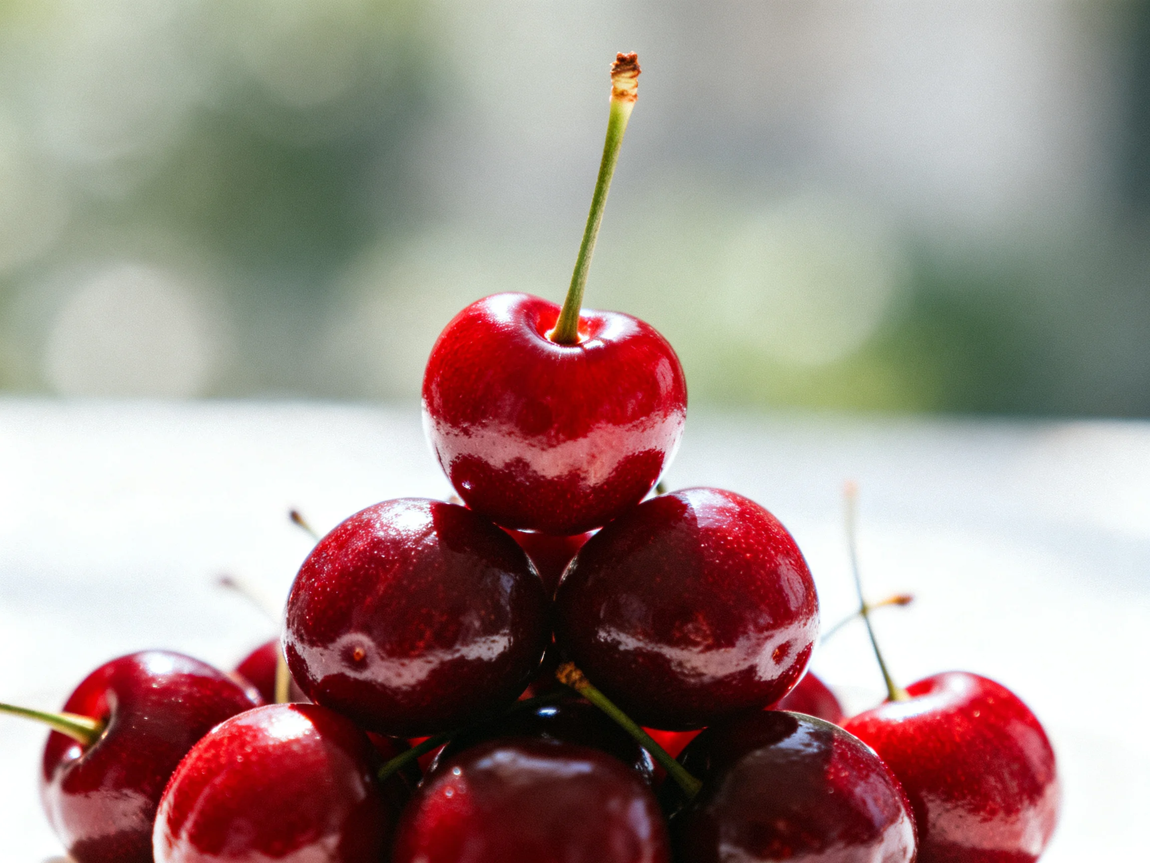 A pyramid of glossy red cherries arranged artfully
