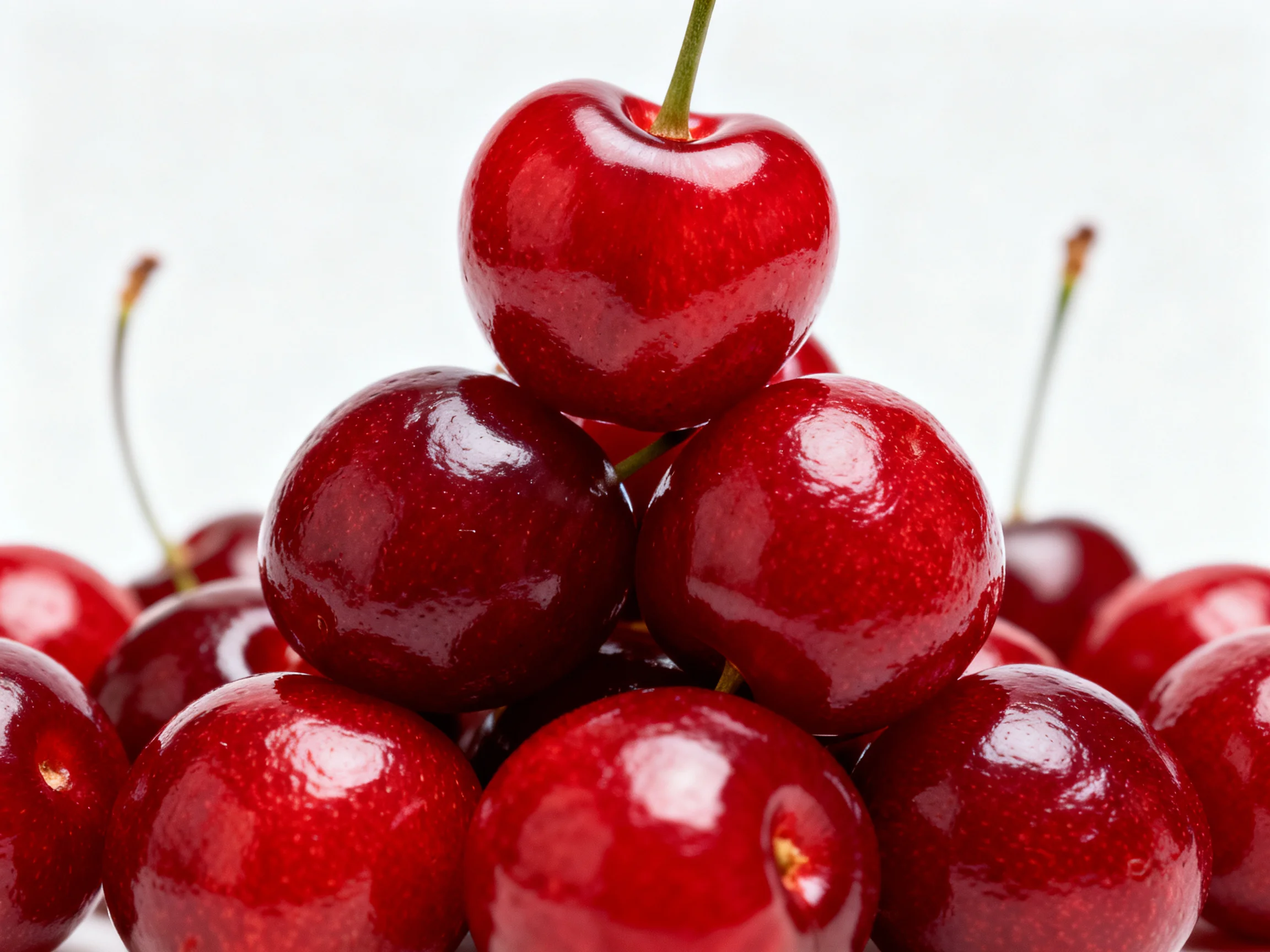 A pyramid of glossy red cherries with green stems