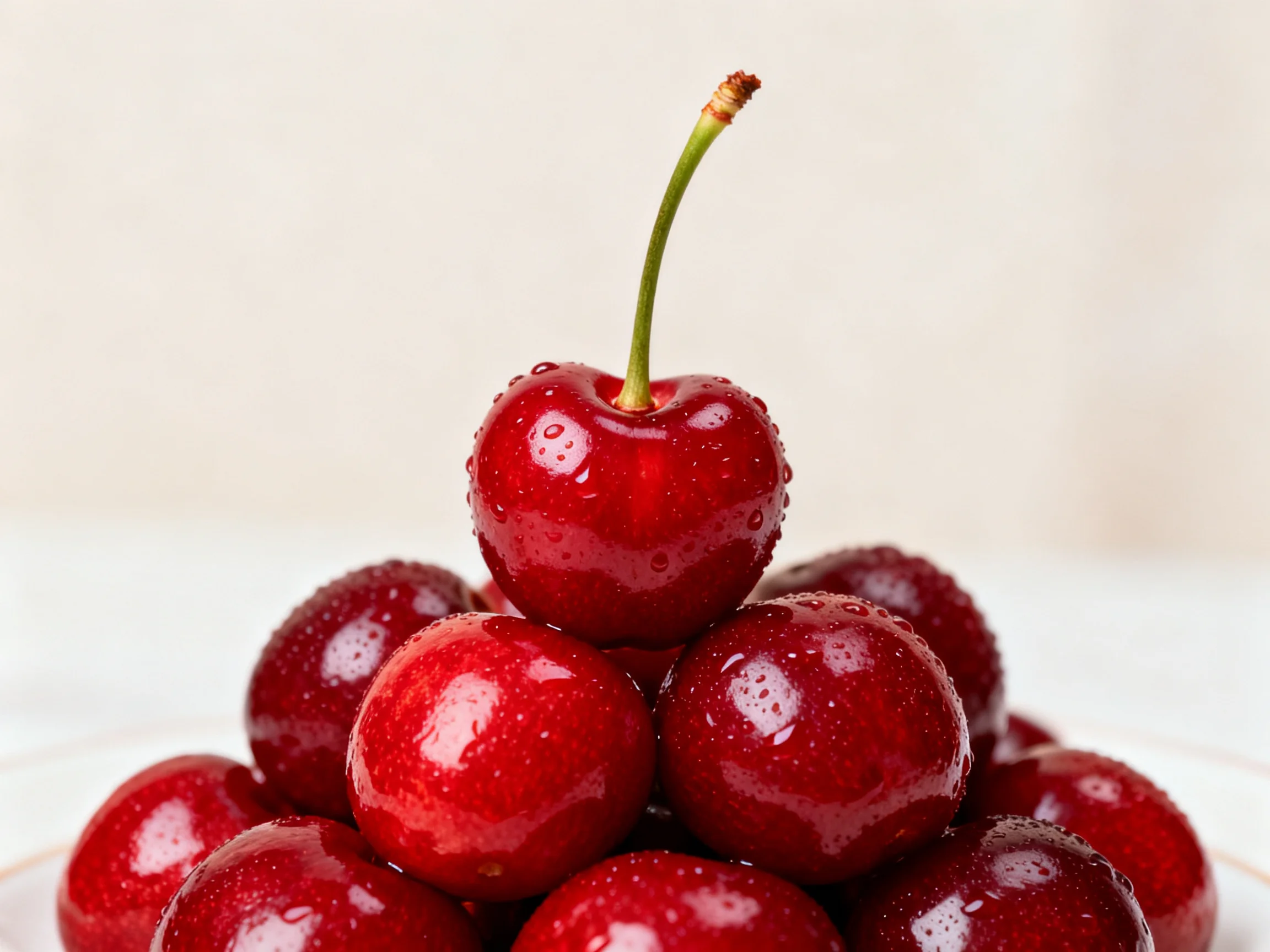 A pyramid of glossy red cherries with water droplets
