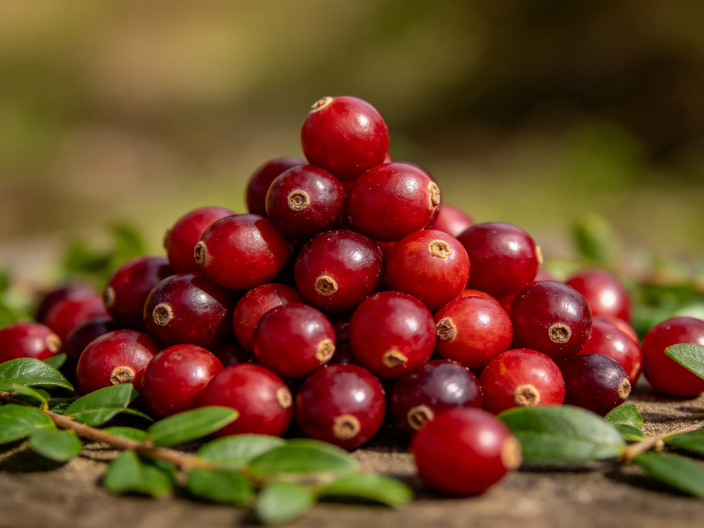 A pyramid of glossy red cranberries with green foliage