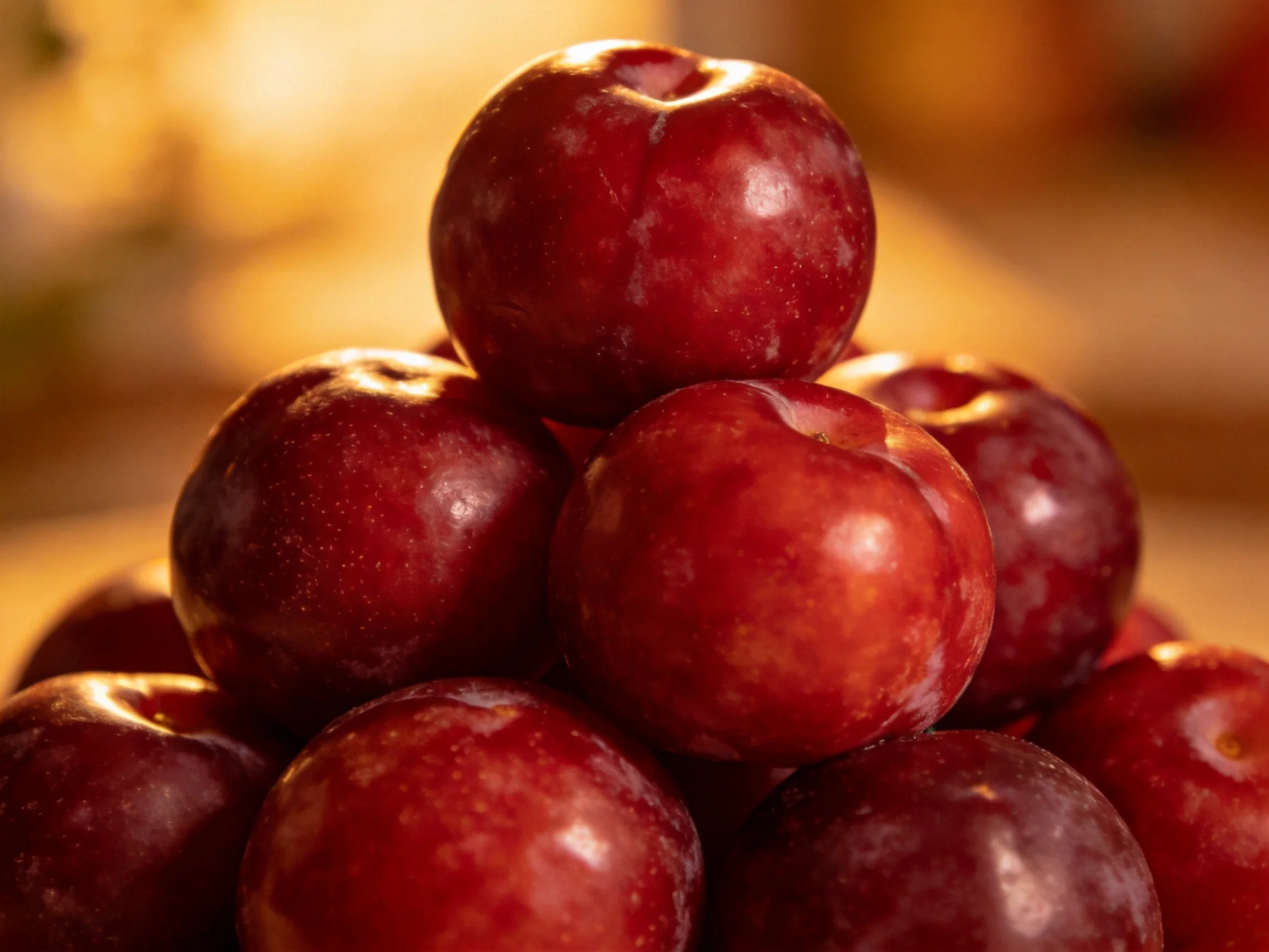 A pyramid of glossy red-purple plums under warm lighting
