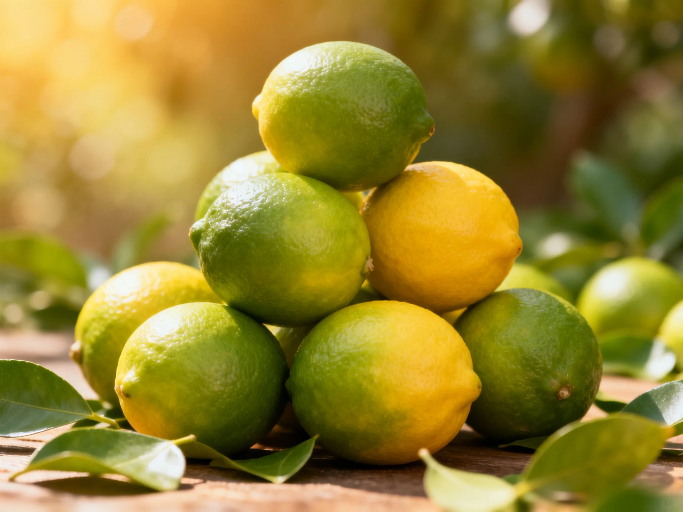A pyramid of green and yellow citrus fruits arranged outdoors