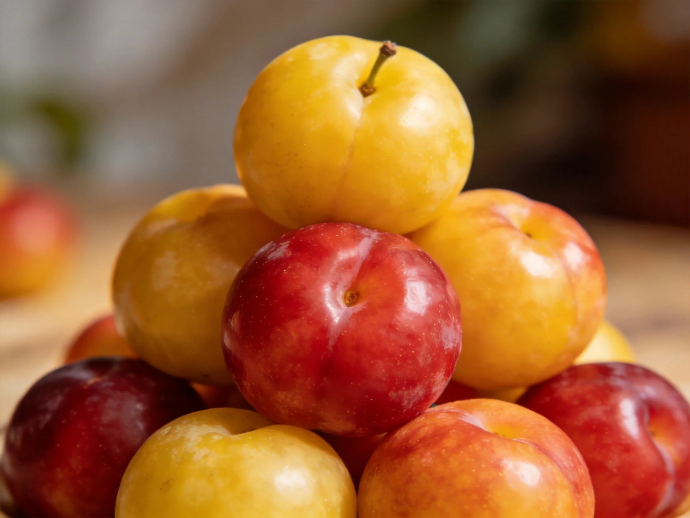 A pyramid of multicolored plums stacked densely with yellow and red tones