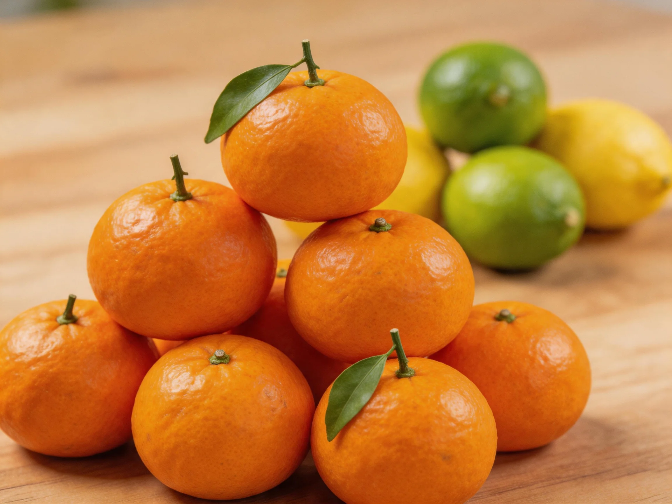 A pyramid of nine vibrant orange tangerines with green and yellow citrus fruits in the background