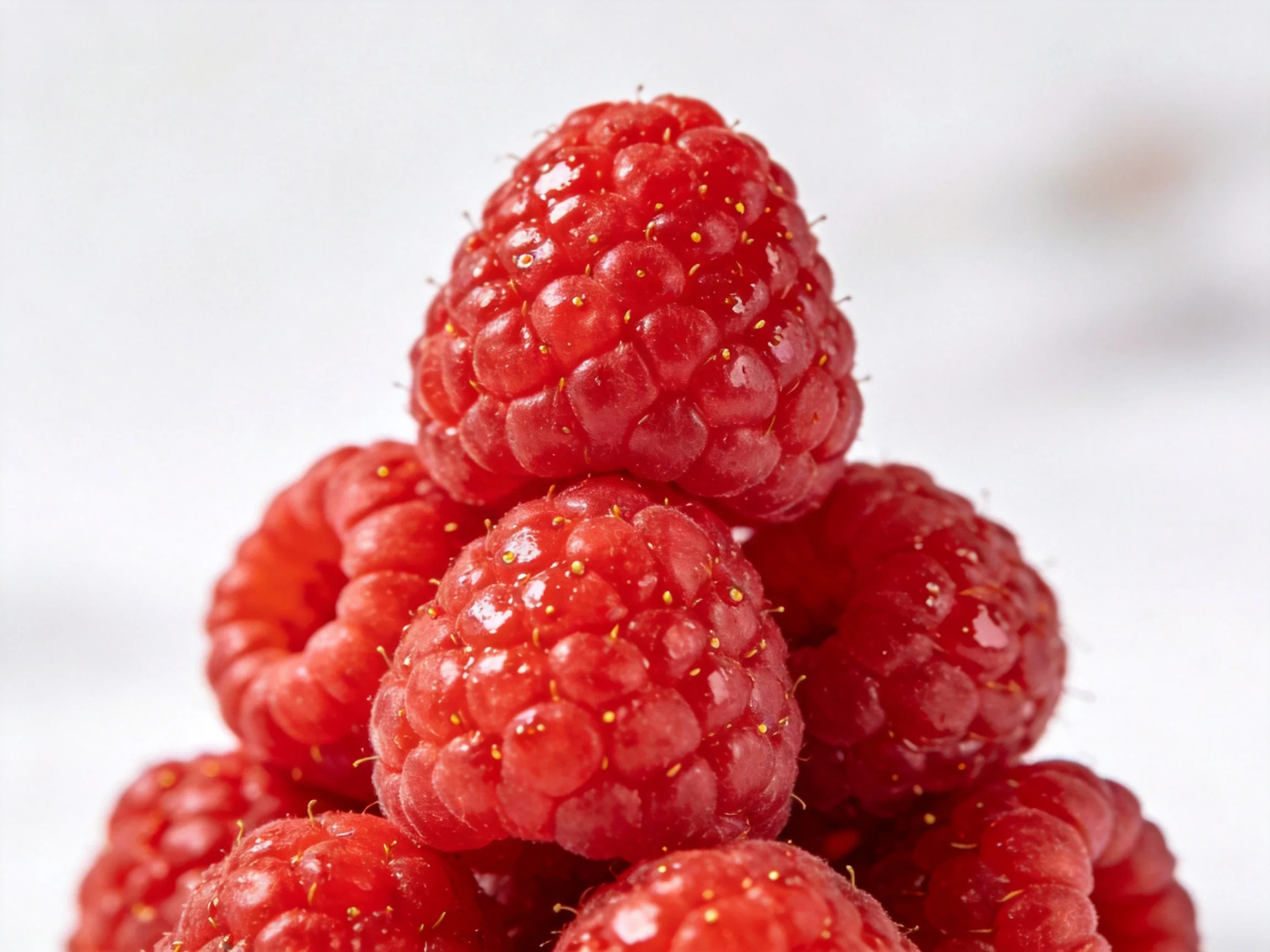 A pyramid of plump, bright red raspberries stacked closely