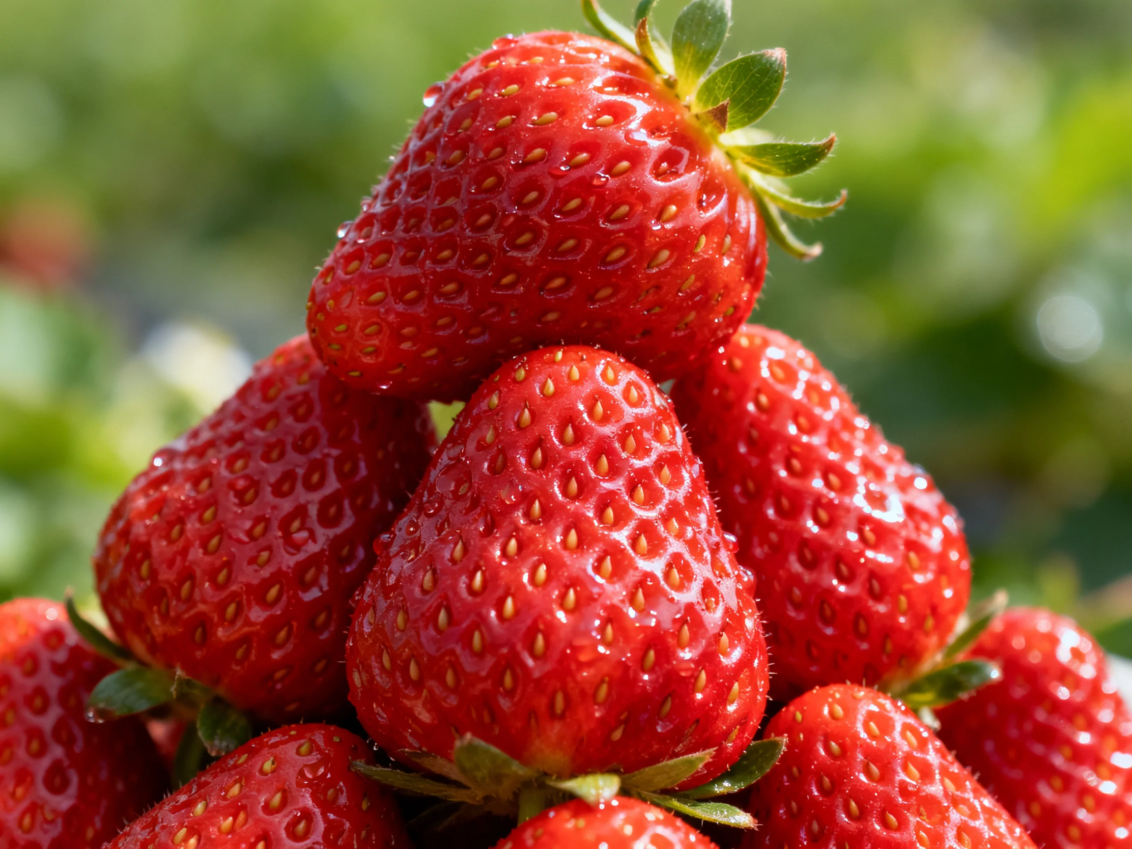 A pyramid of plump, bright red strawberries with green stems