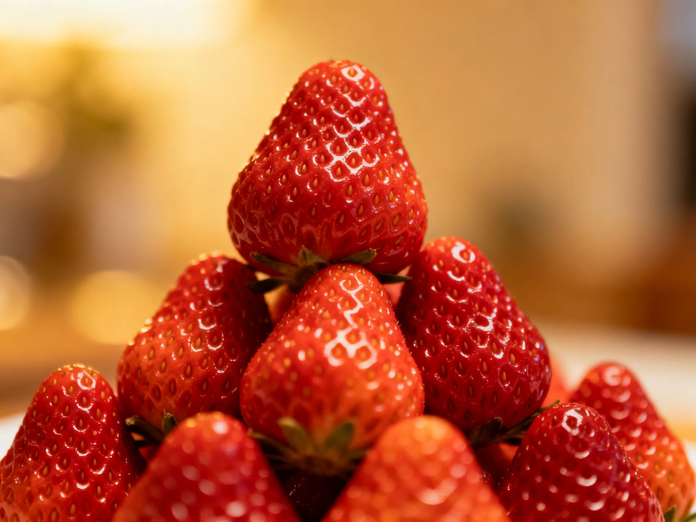 A pyramid of plump, red strawberries stacked in a dense formation