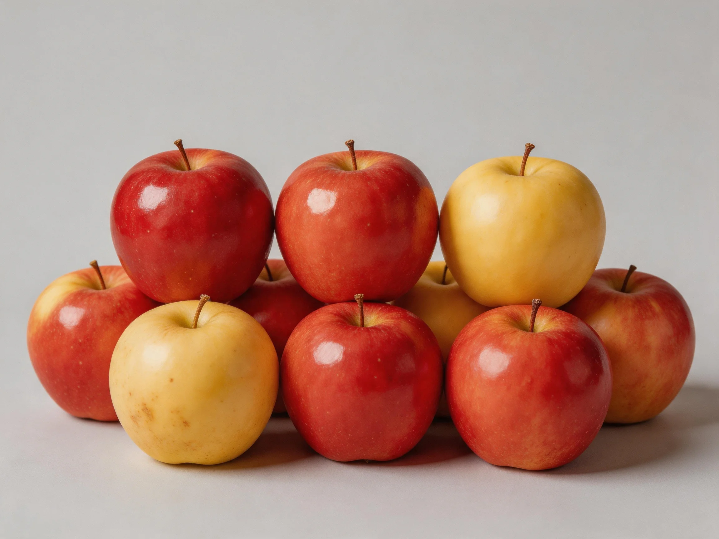 A pyramid of red and golden apples arranged in multiple layers
