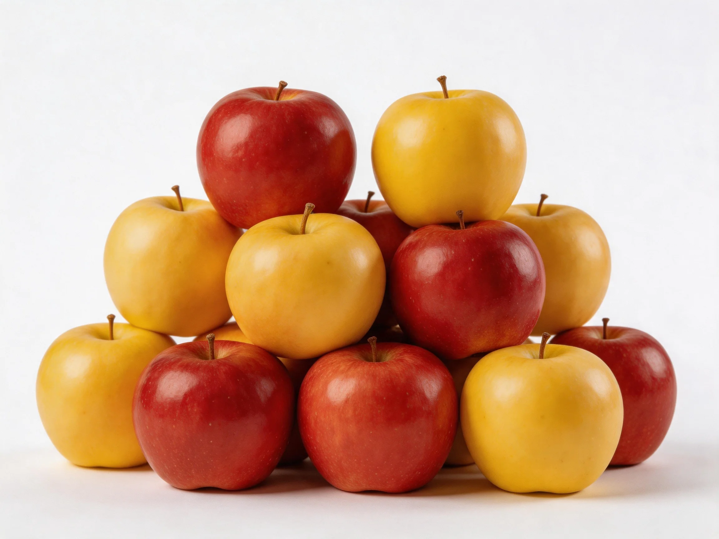 A pyramid of red and golden apples stacked against a white backdrop