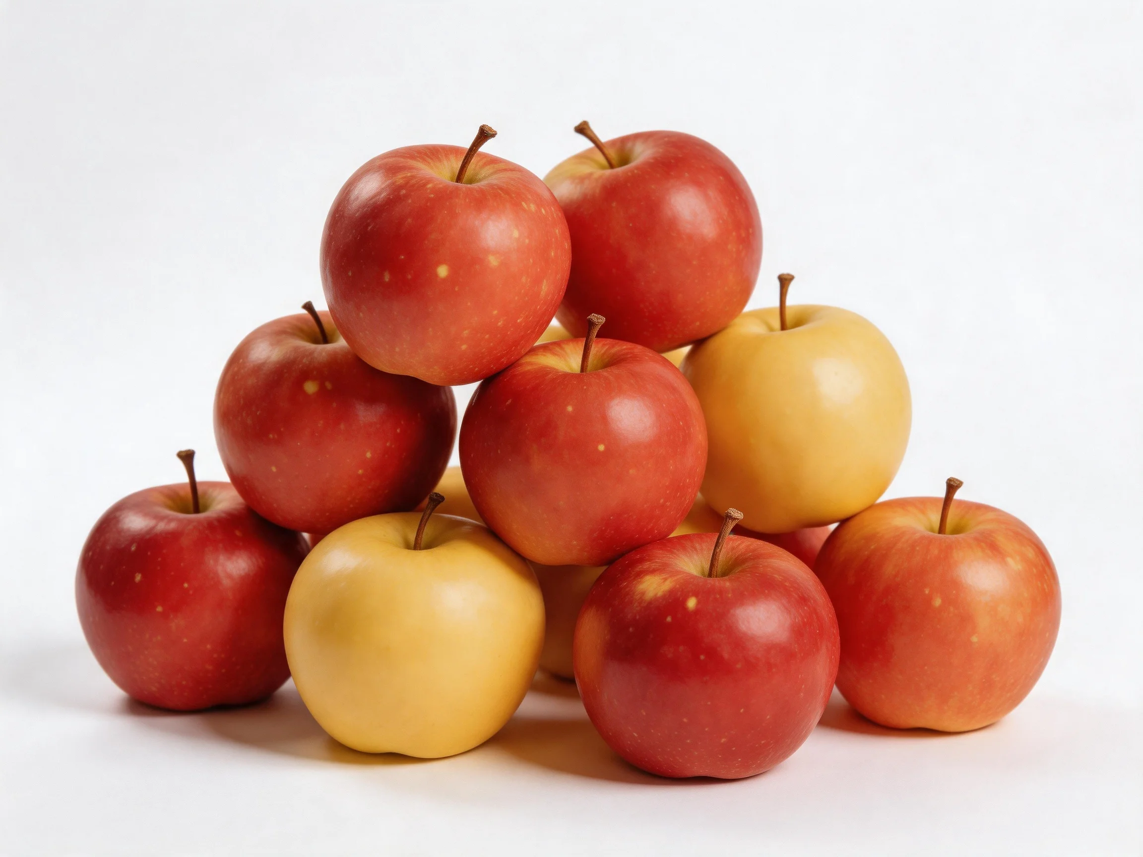 A pyramid of red and golden apples stacked against a white backdrop
