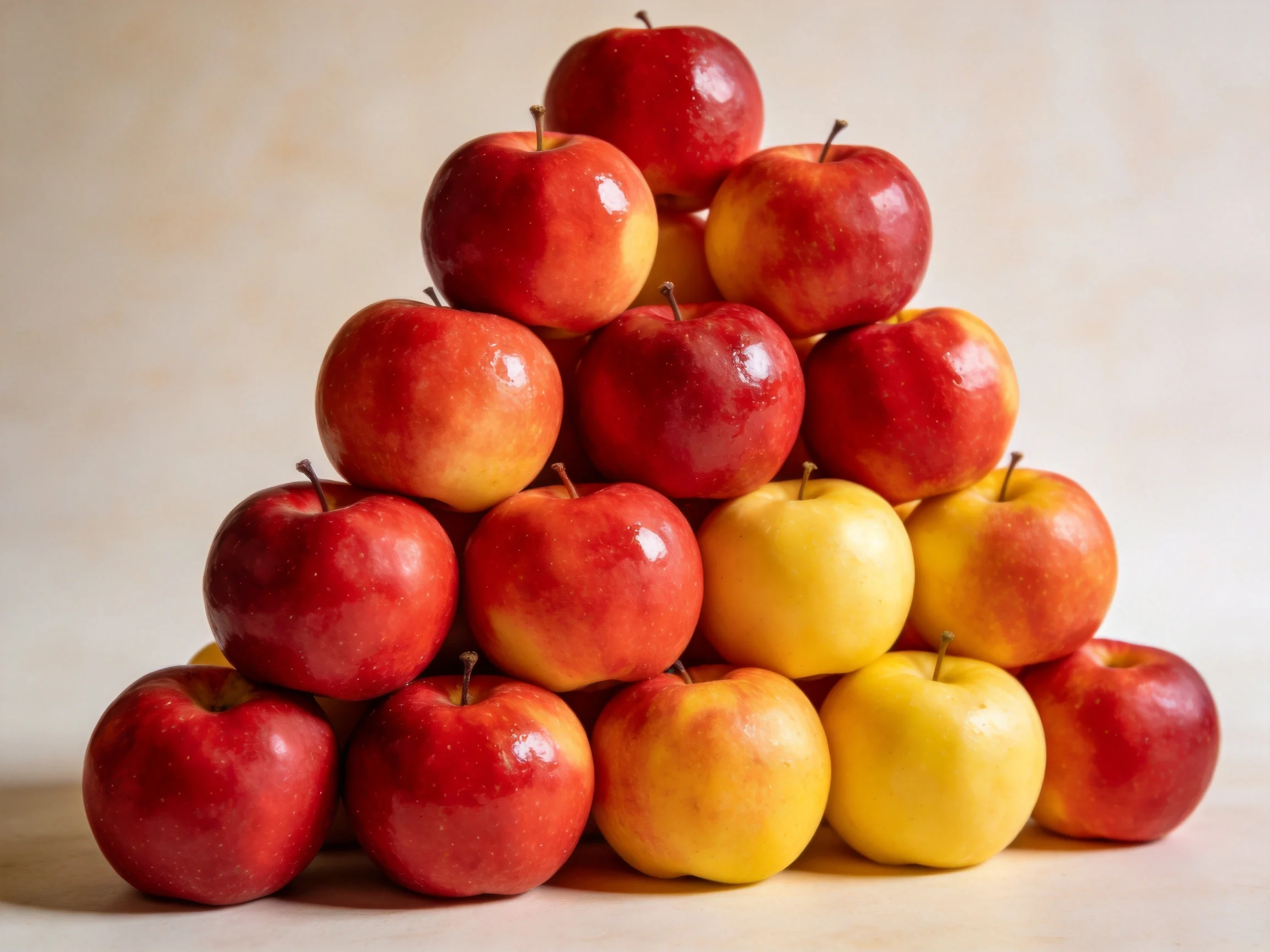 A pyramid of red and golden apples stacked in multiple layers