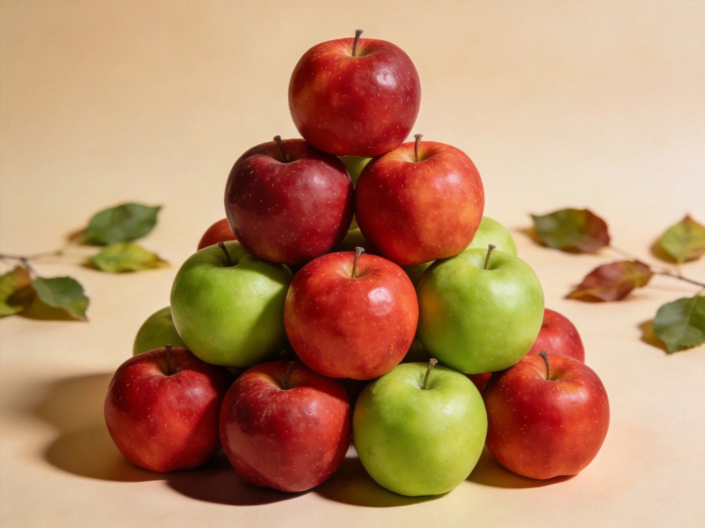 A pyramid of red and green apples arranged neatly against a beige backdrop