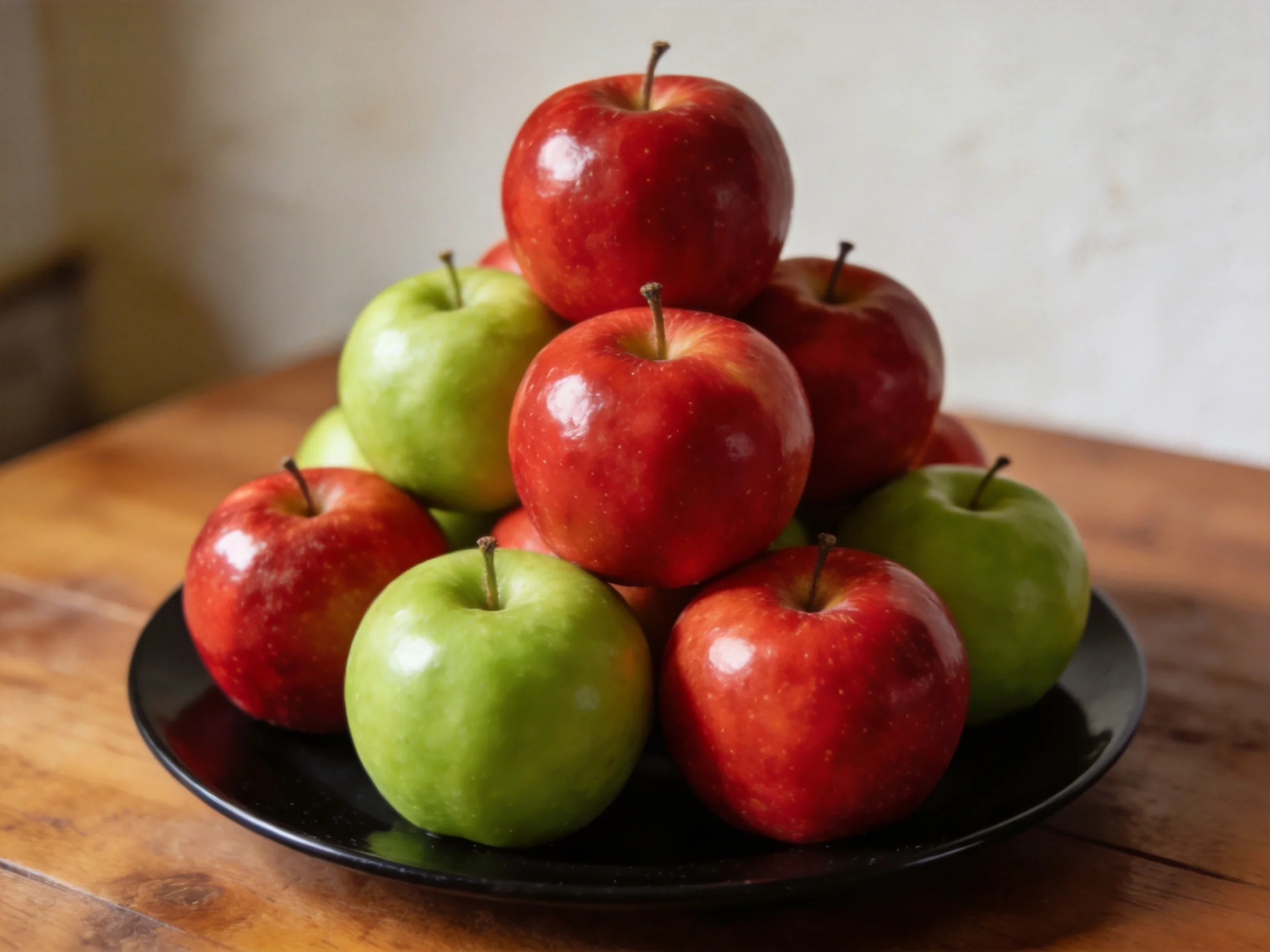 A pyramid of red and green apples arranged on a black plate