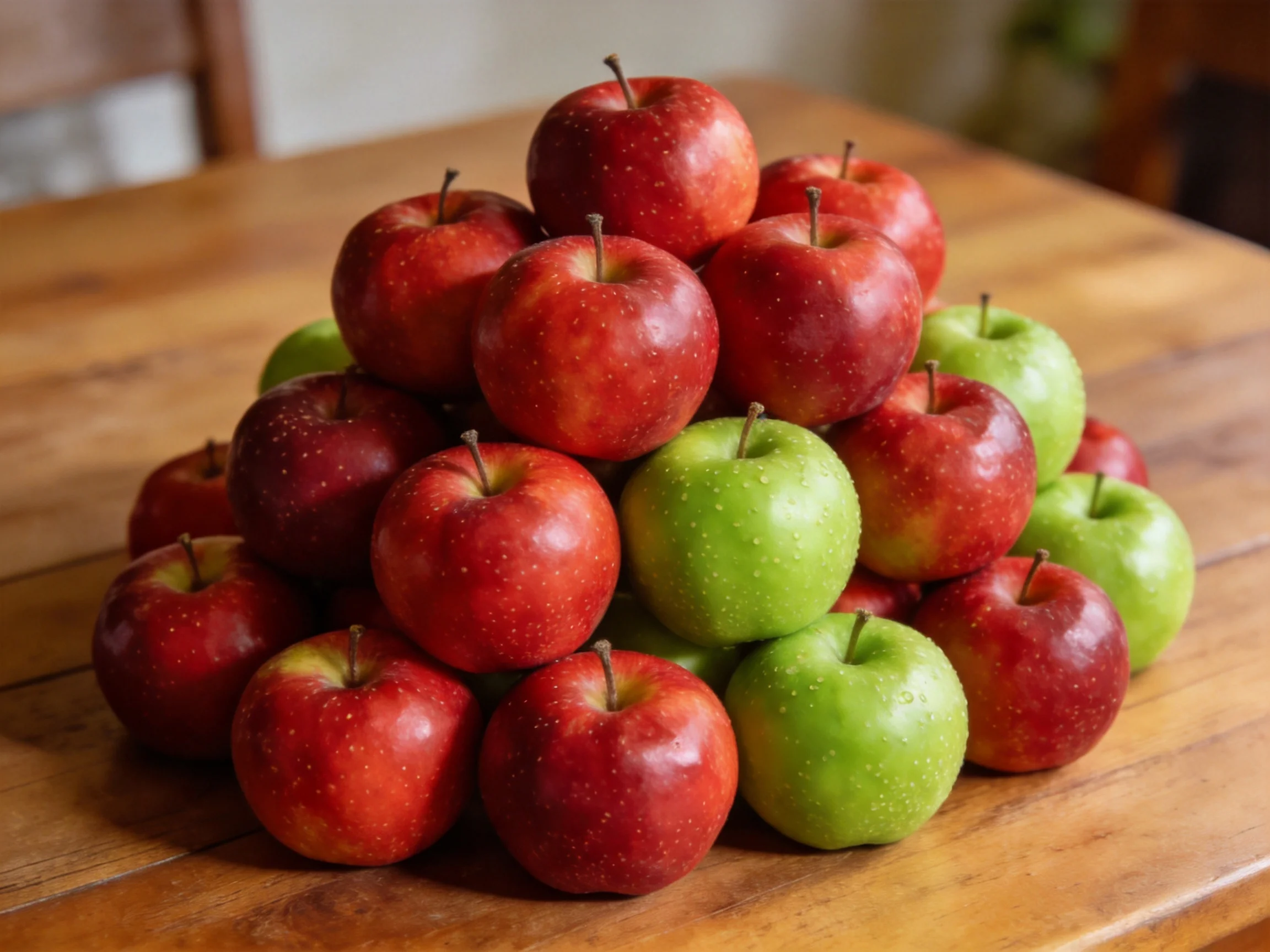 A pyramid of red and green apples arranged on a wooden table