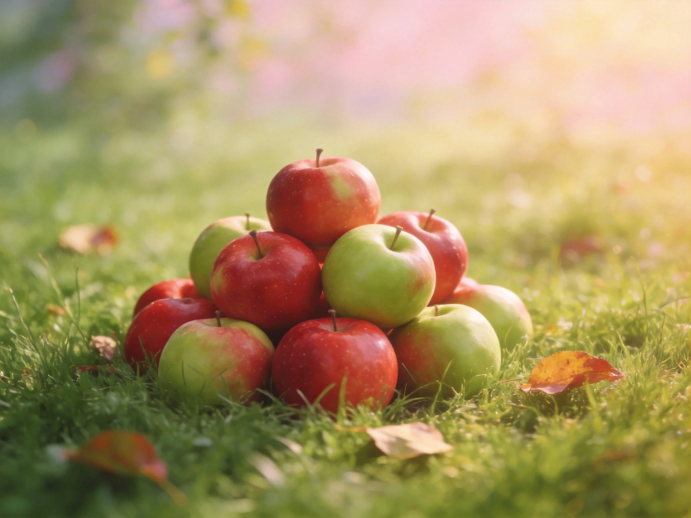 A pyramid of red and green apples arranged on grass under soft sunlight