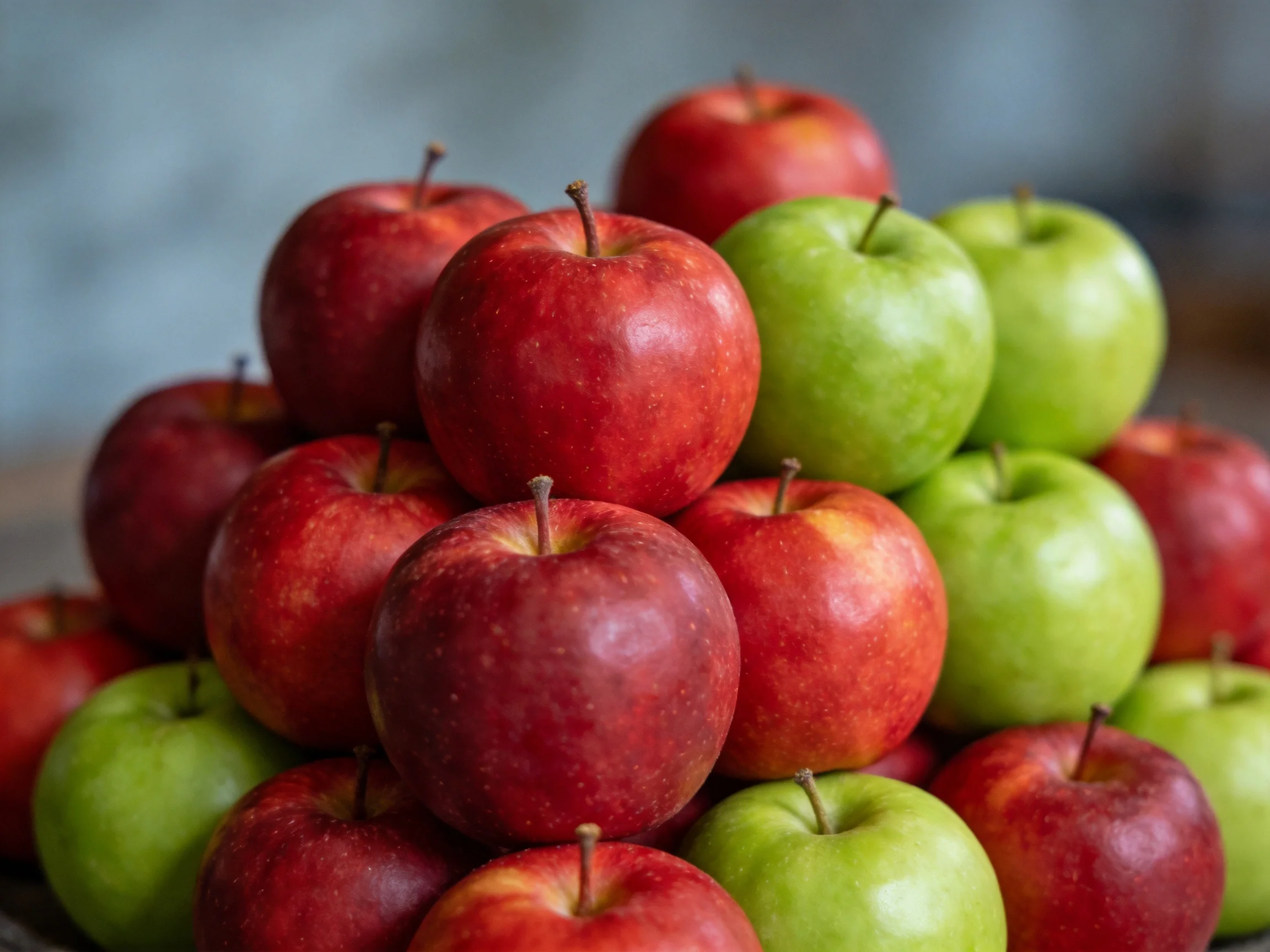 A pyramid of red and green apples stacked closely together