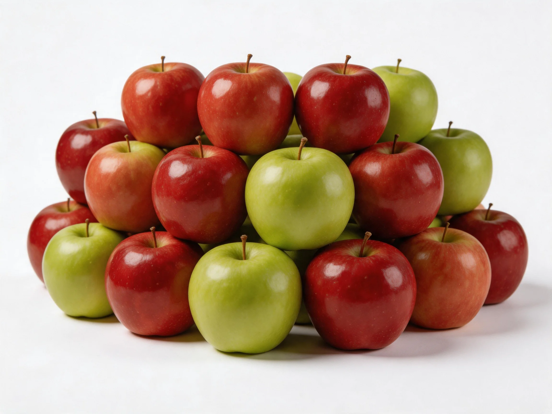 A pyramid of red and green apples stacked closely together