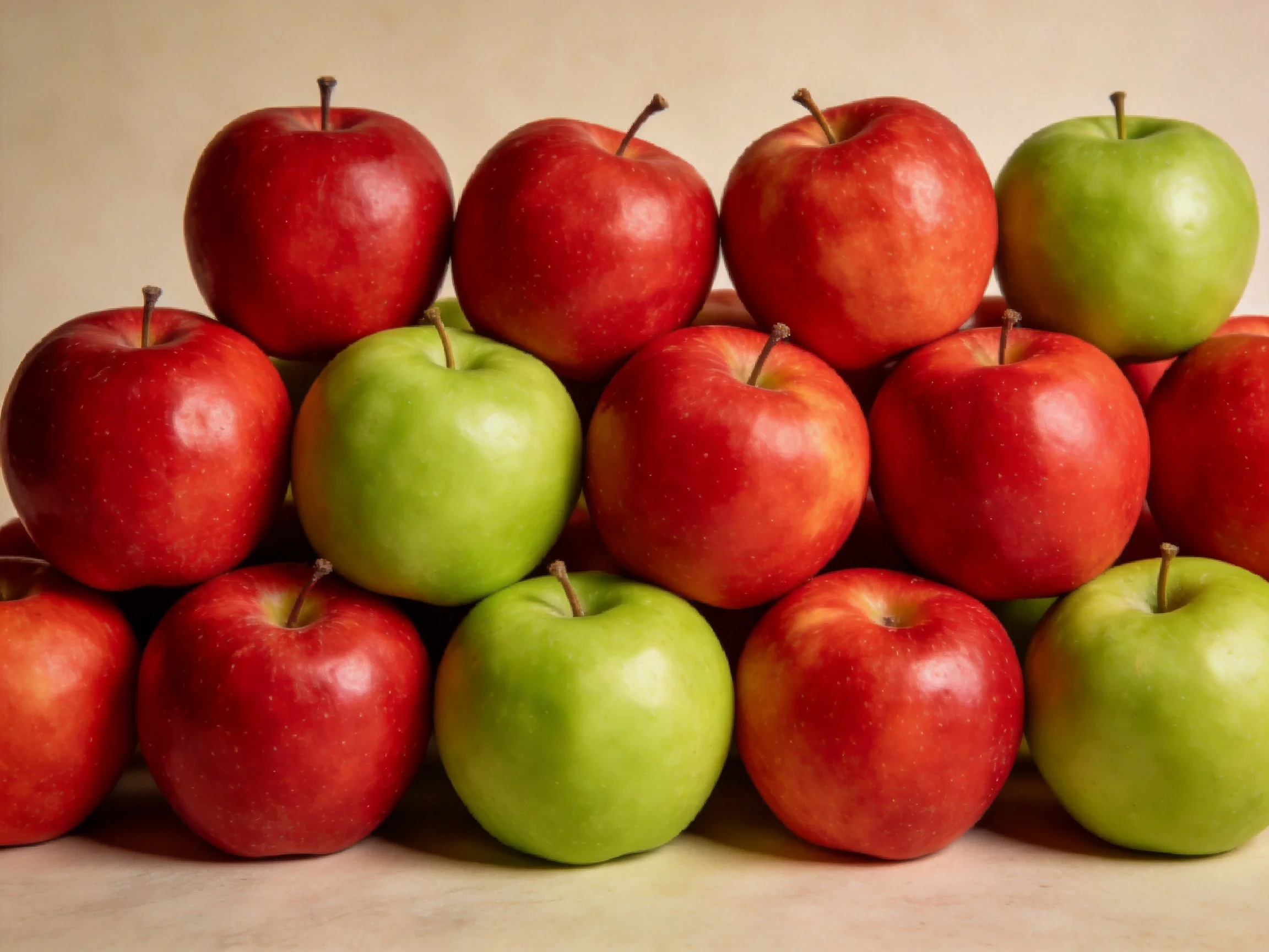 A pyramid of red and green apples stacked in layers