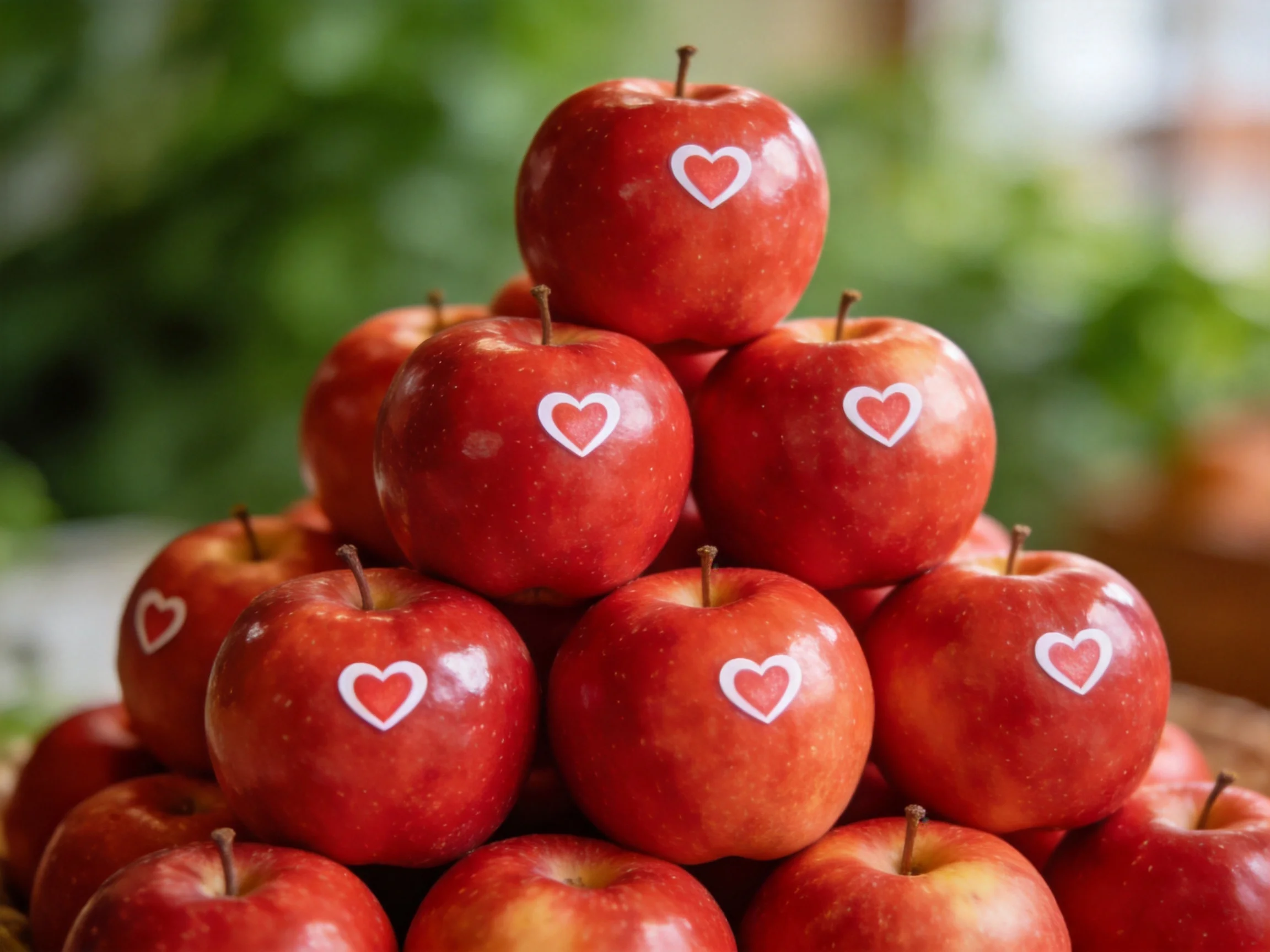 A pyramid of red apples with white heart decorations