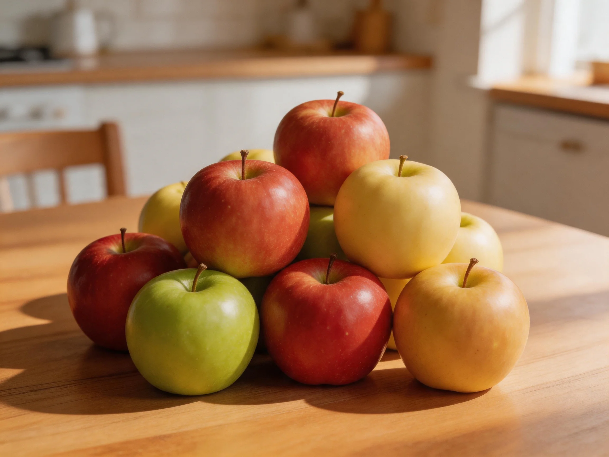 A pyramid of red, green, and yellow apples stacked on a wooden table