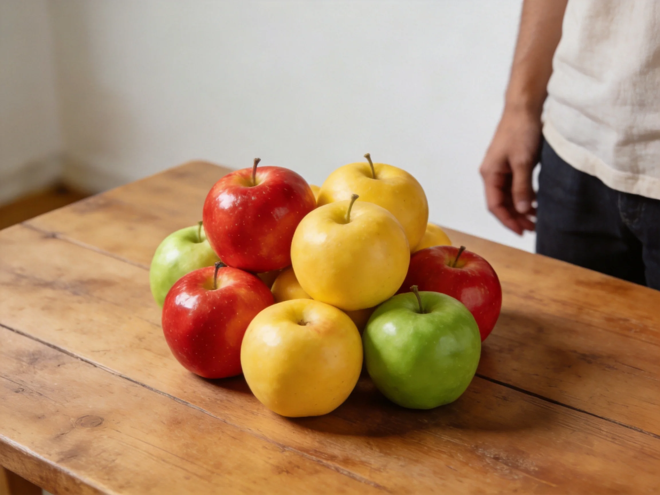 A pyramid of red, yellow, and green apples on a wooden table