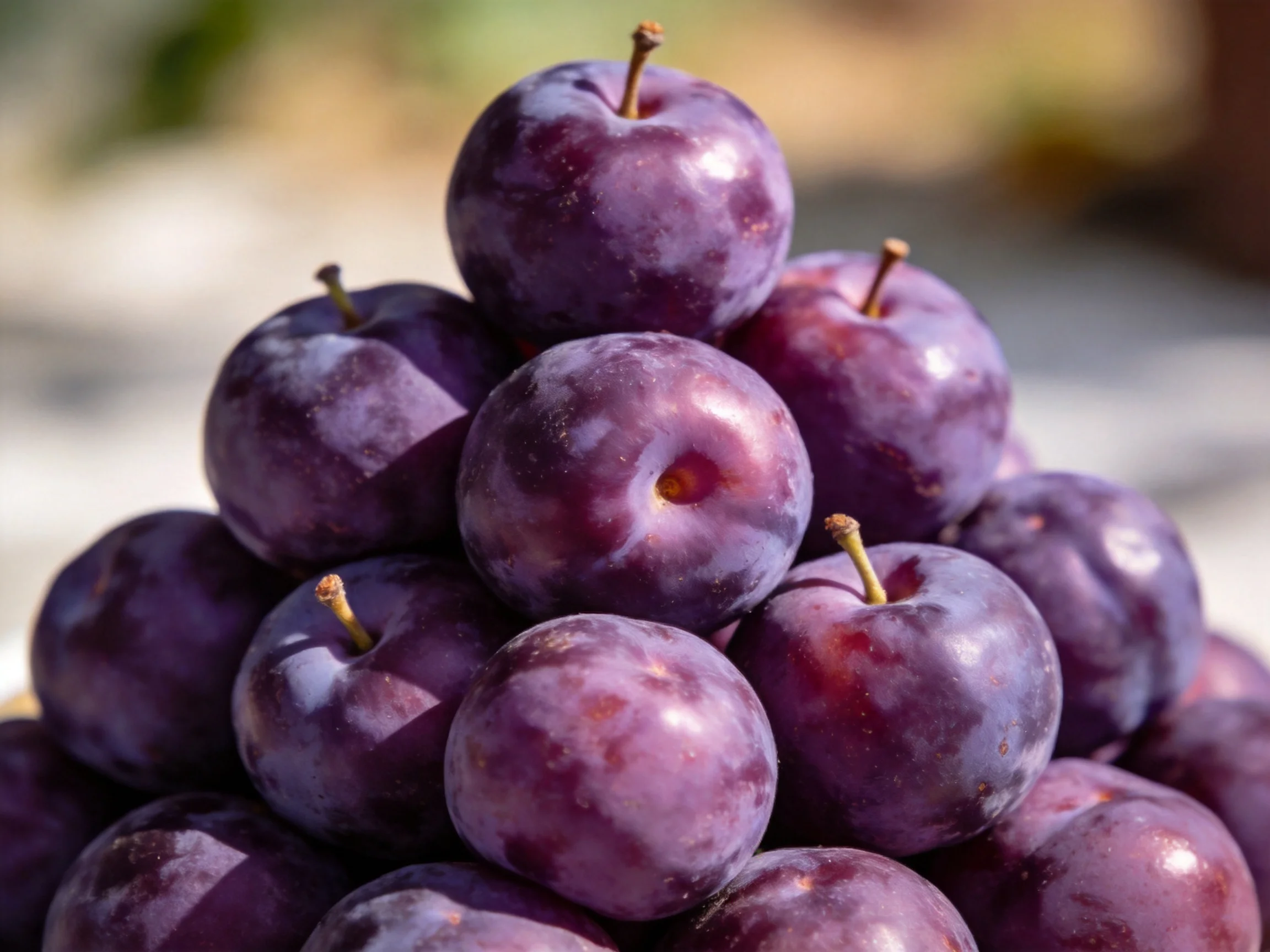 A pyramid of rich purple plums stacked closely together