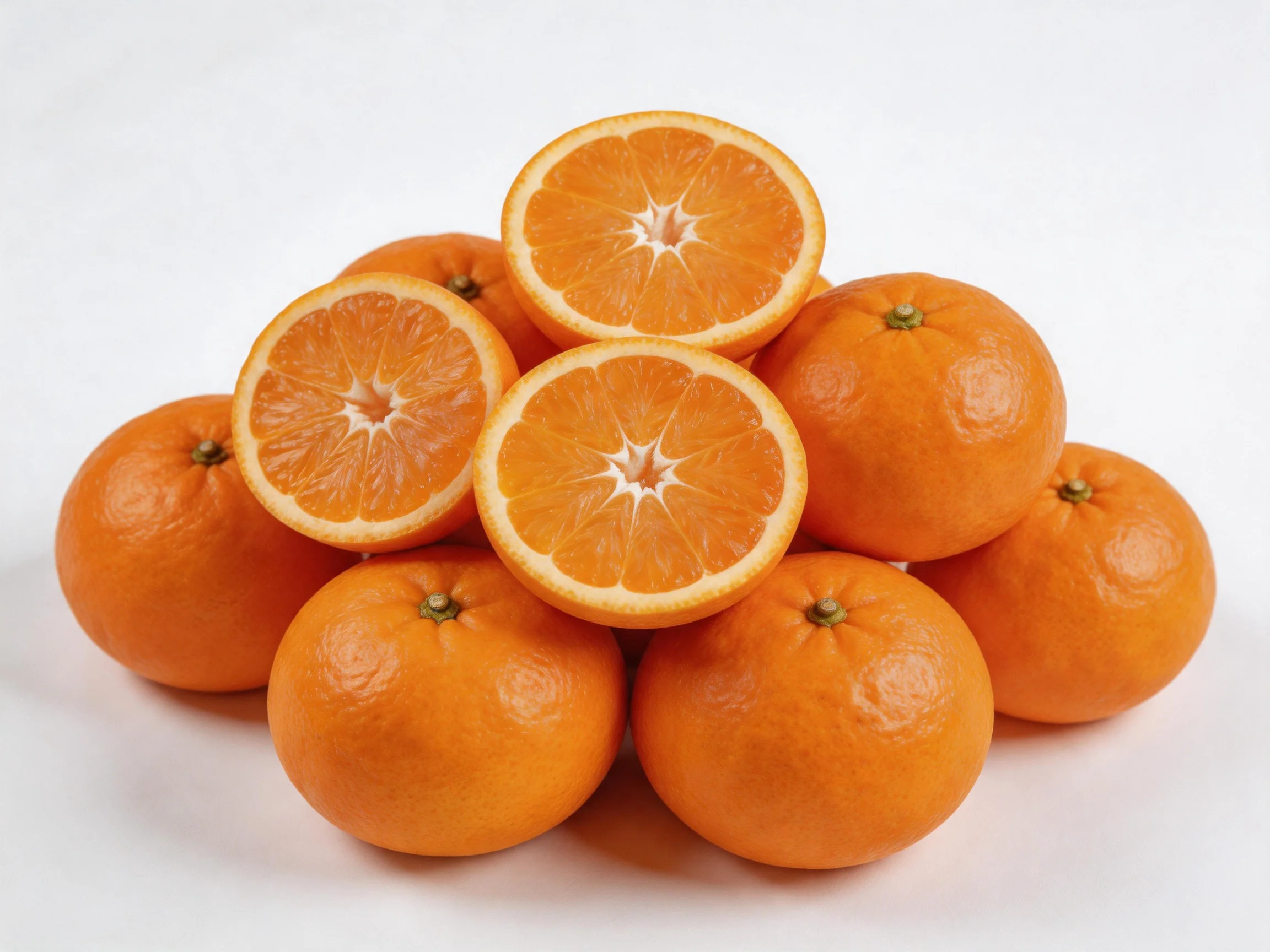 A pyramid of vibrant orange citrus fruits, some whole and some sliced open