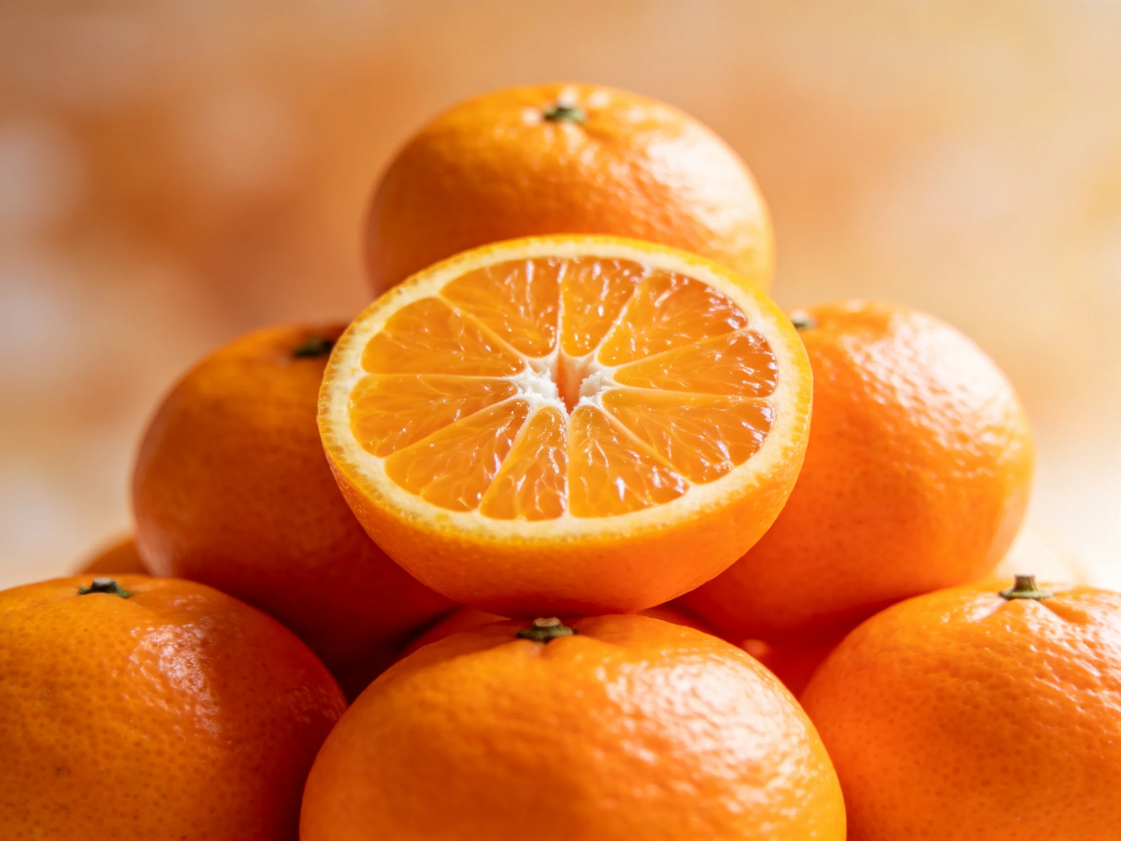 A pyramid of vibrant orange citrus fruits with one halved fruit