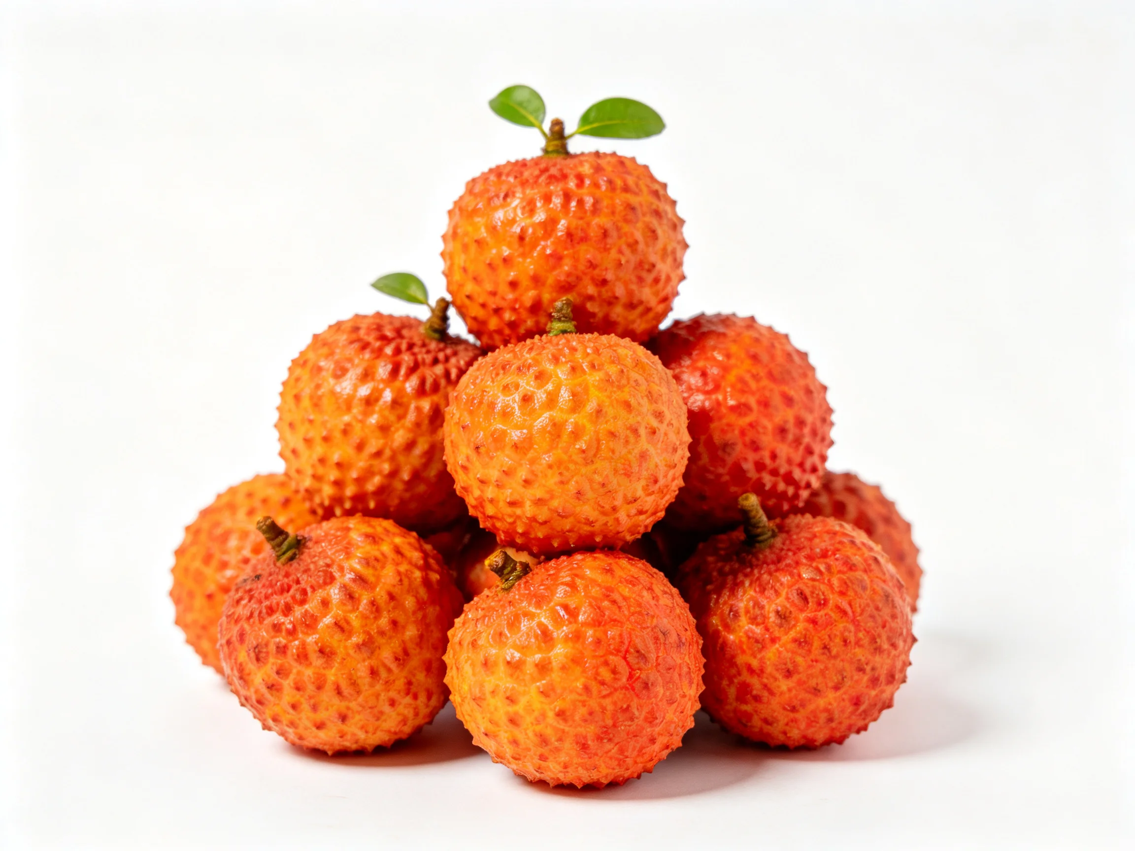A pyramid of vibrant orange-red lychees with small green leaves