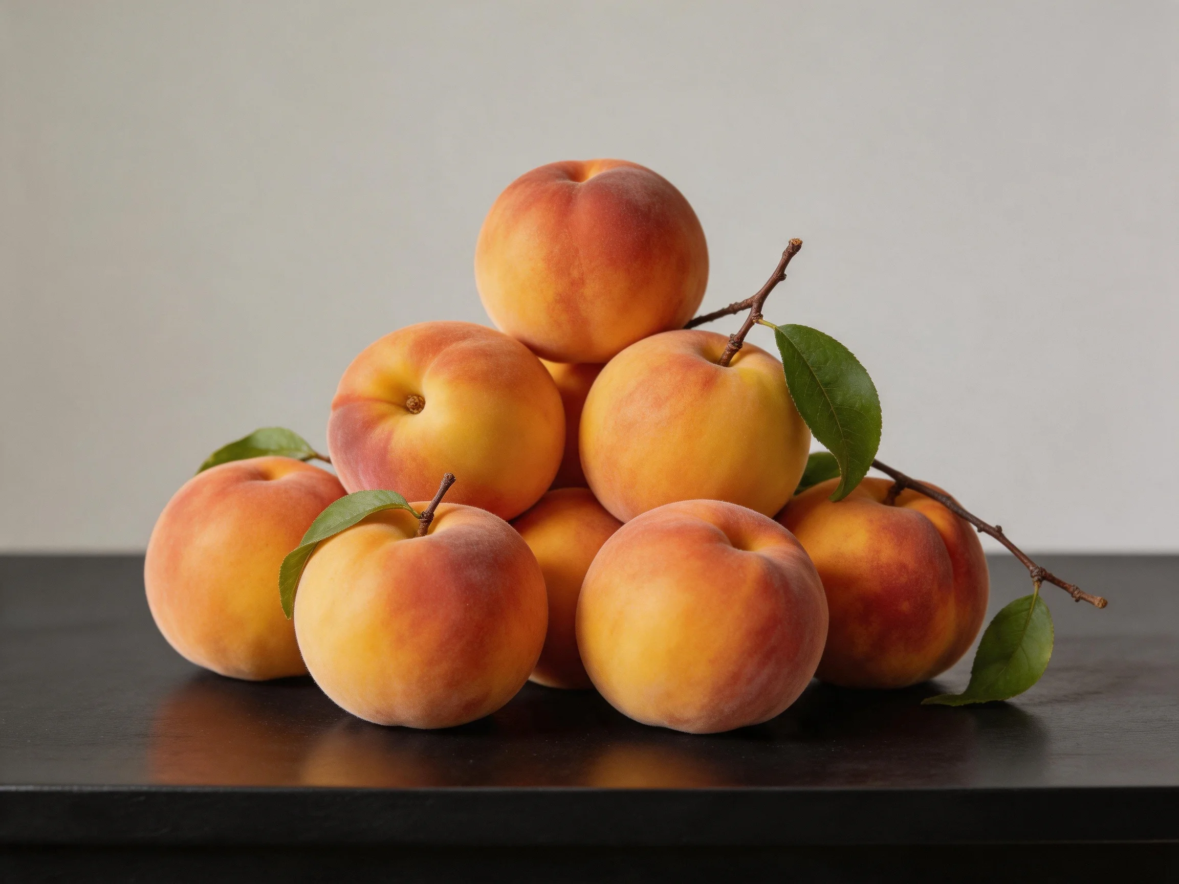 A pyramid of vibrant orange-red peaches with green leaves on a dark surface
