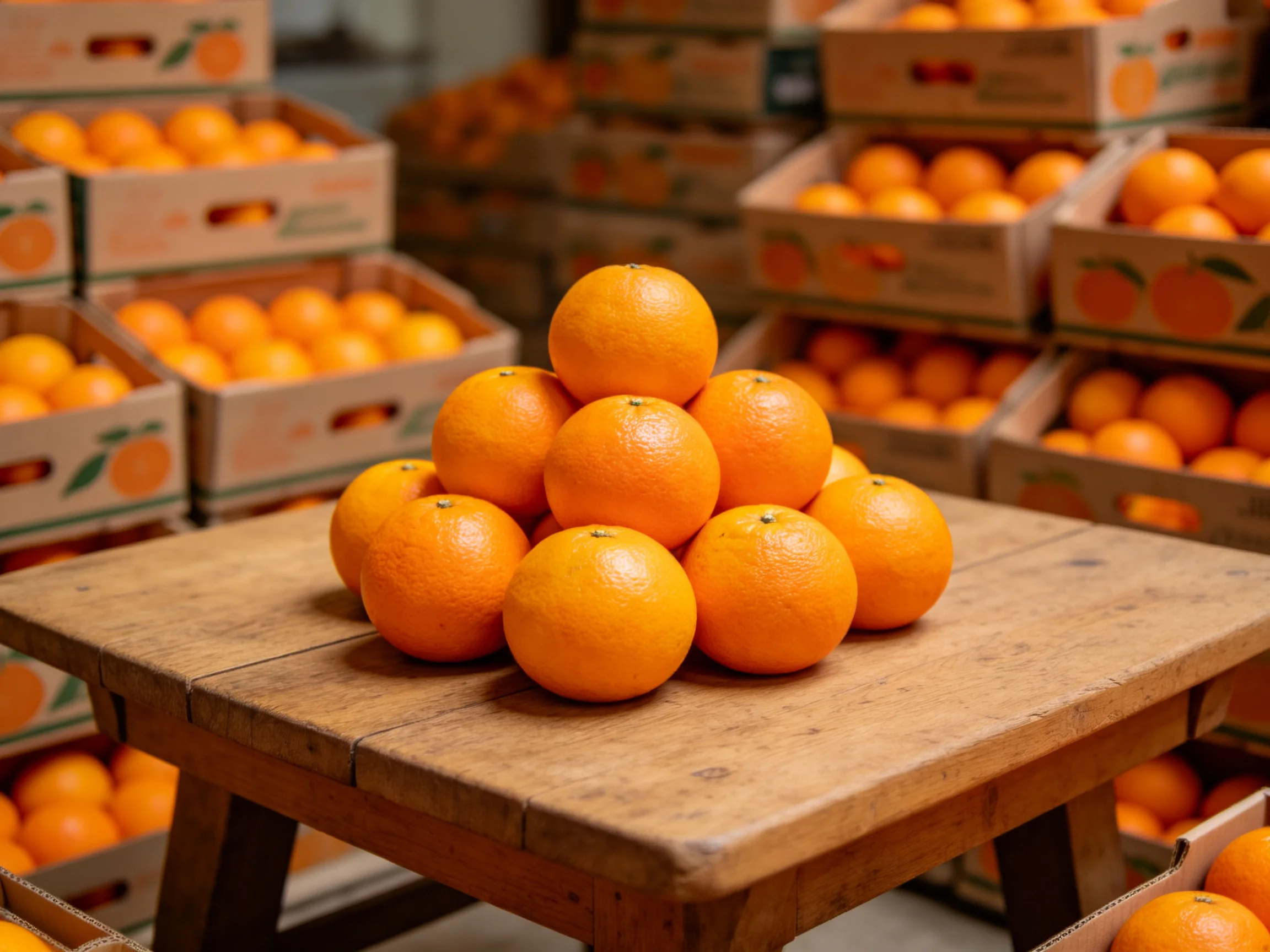 A pyramid of vibrant oranges rests on a weathered wooden table amid stacked crates
