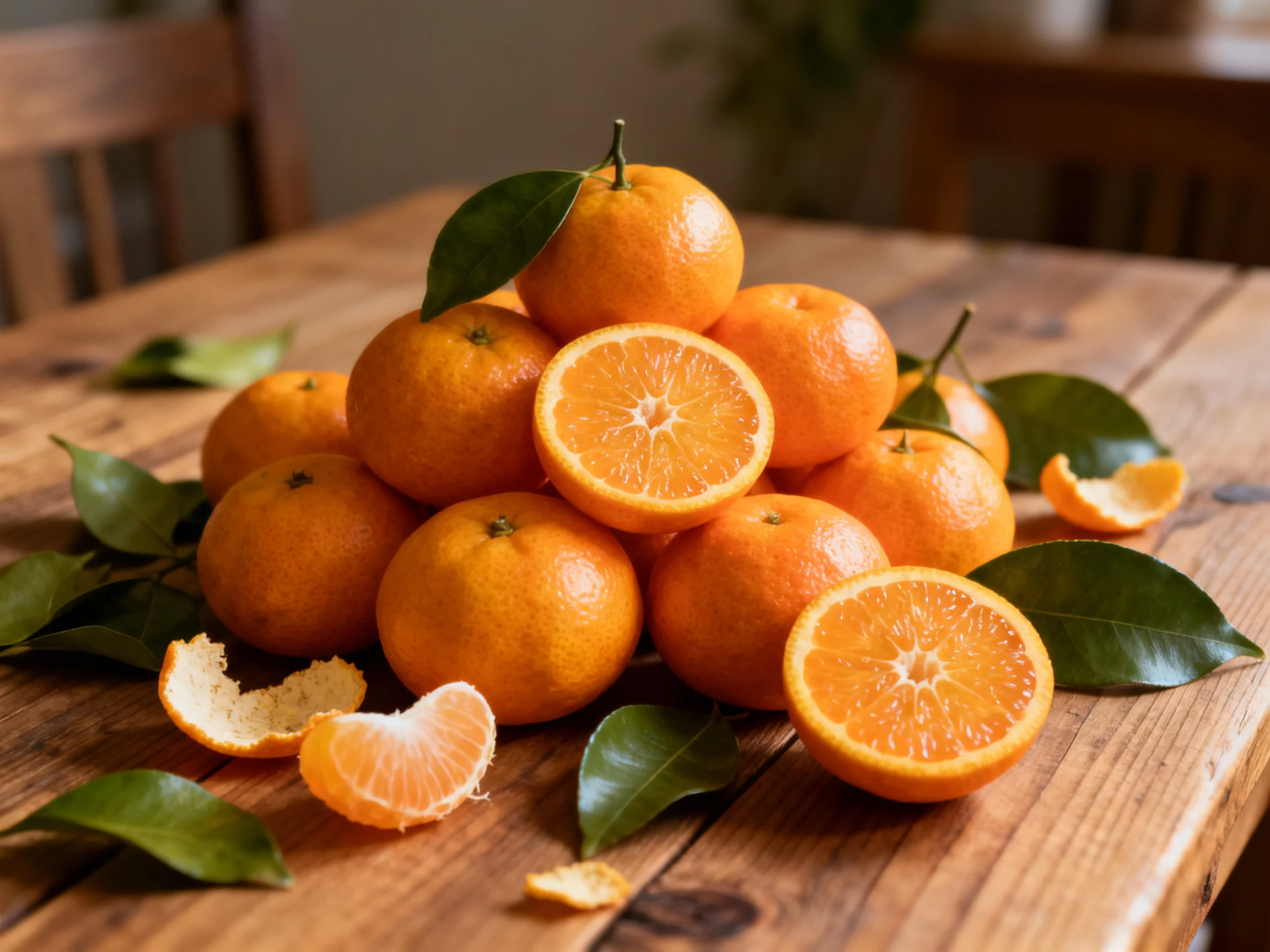 A pyramid of vibrant oranges stacked on a wooden table with green leaves
