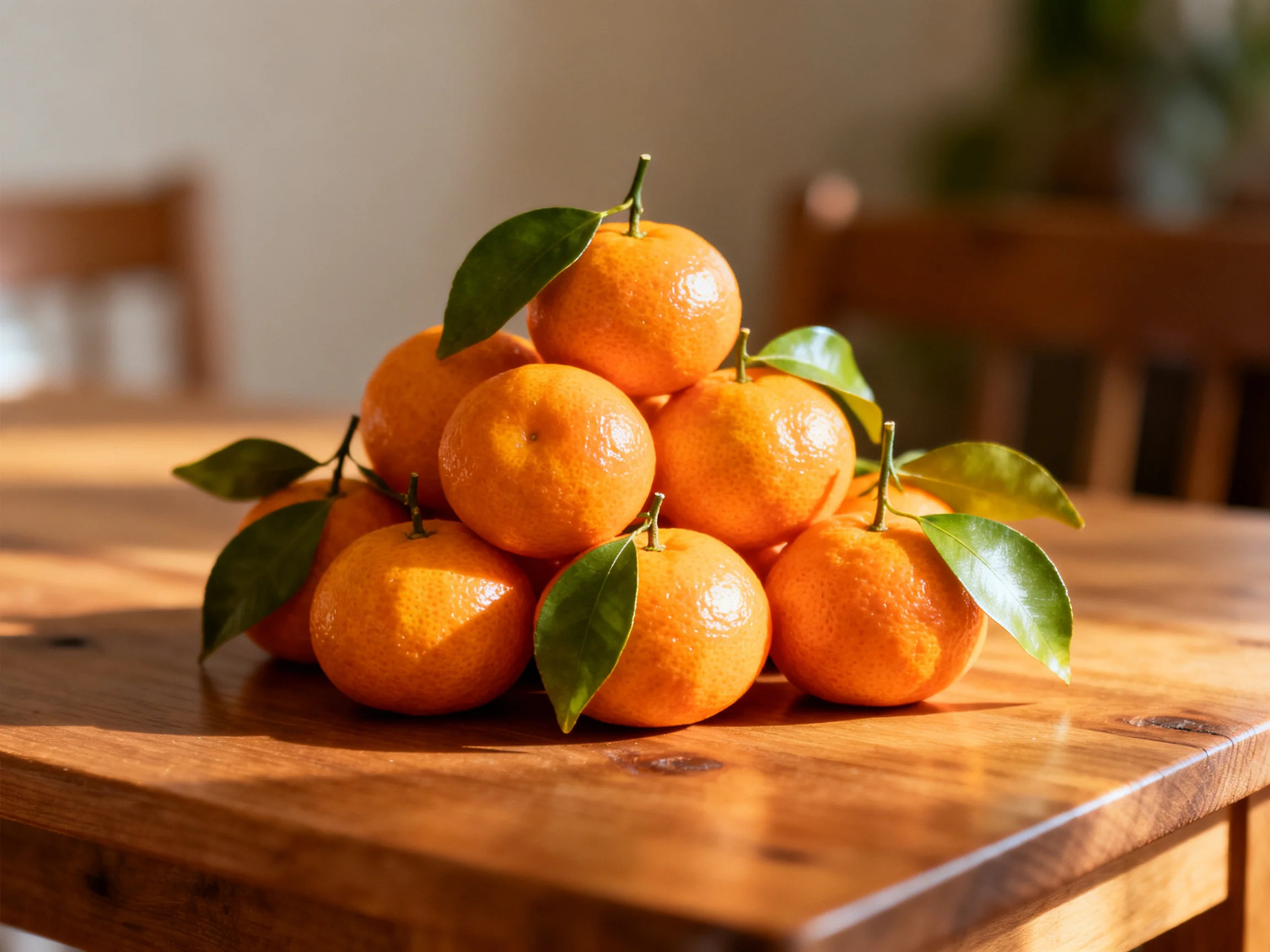 A pyramid of vibrant oranges with green leaves on a polished wooden table