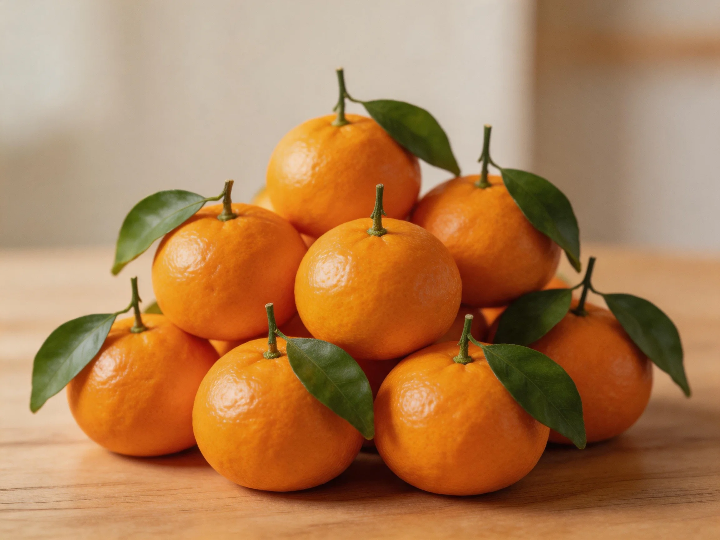 A pyramid of vibrant oranges with green leaves on a wooden table