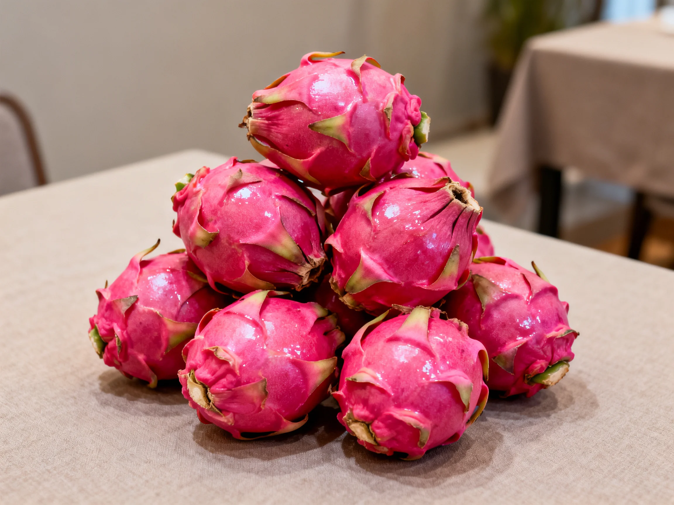 A pyramid of vibrant pink dragon fruits arranged on a table