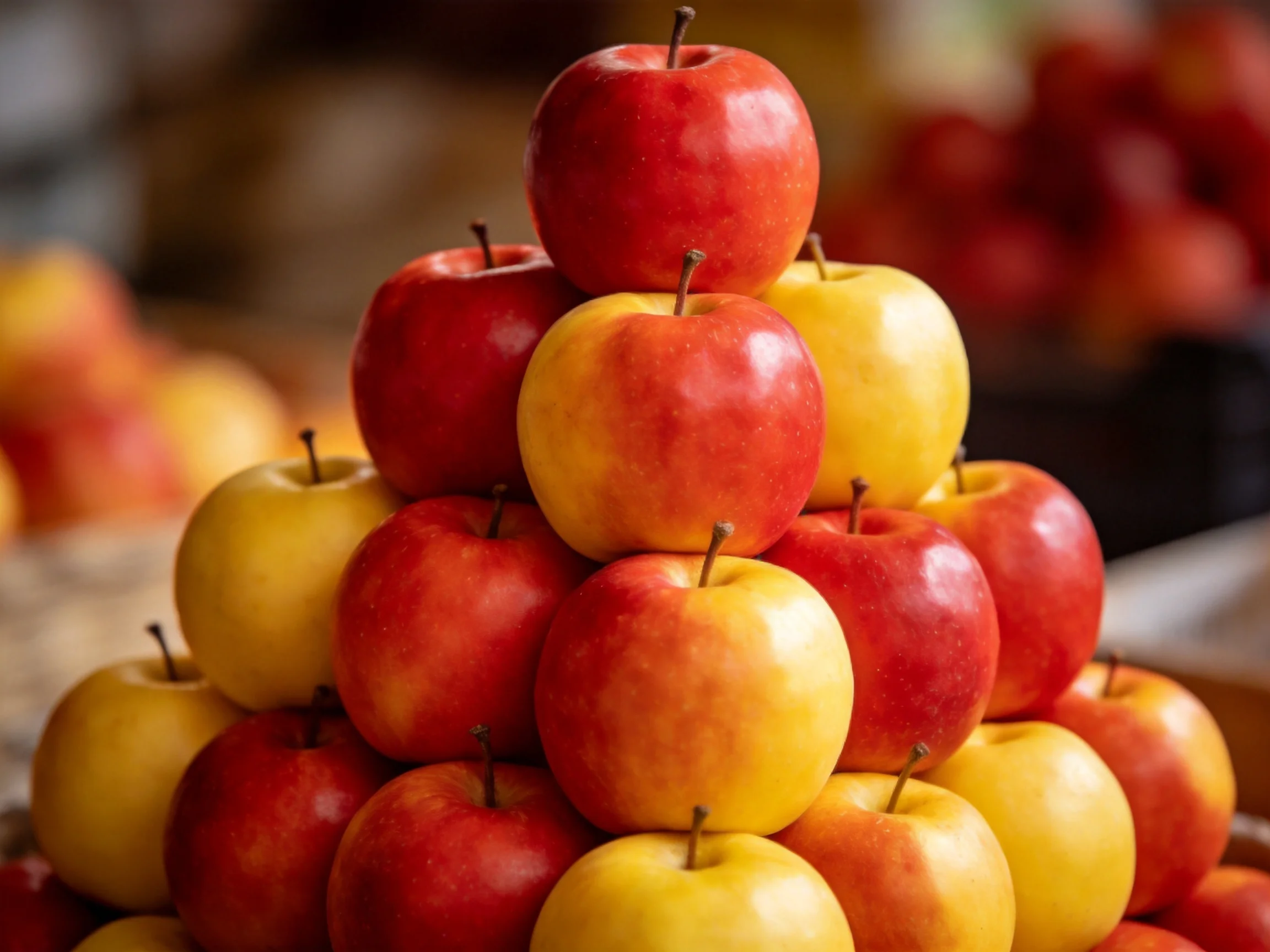 A pyramid of vibrant red and golden apples arranged neatly