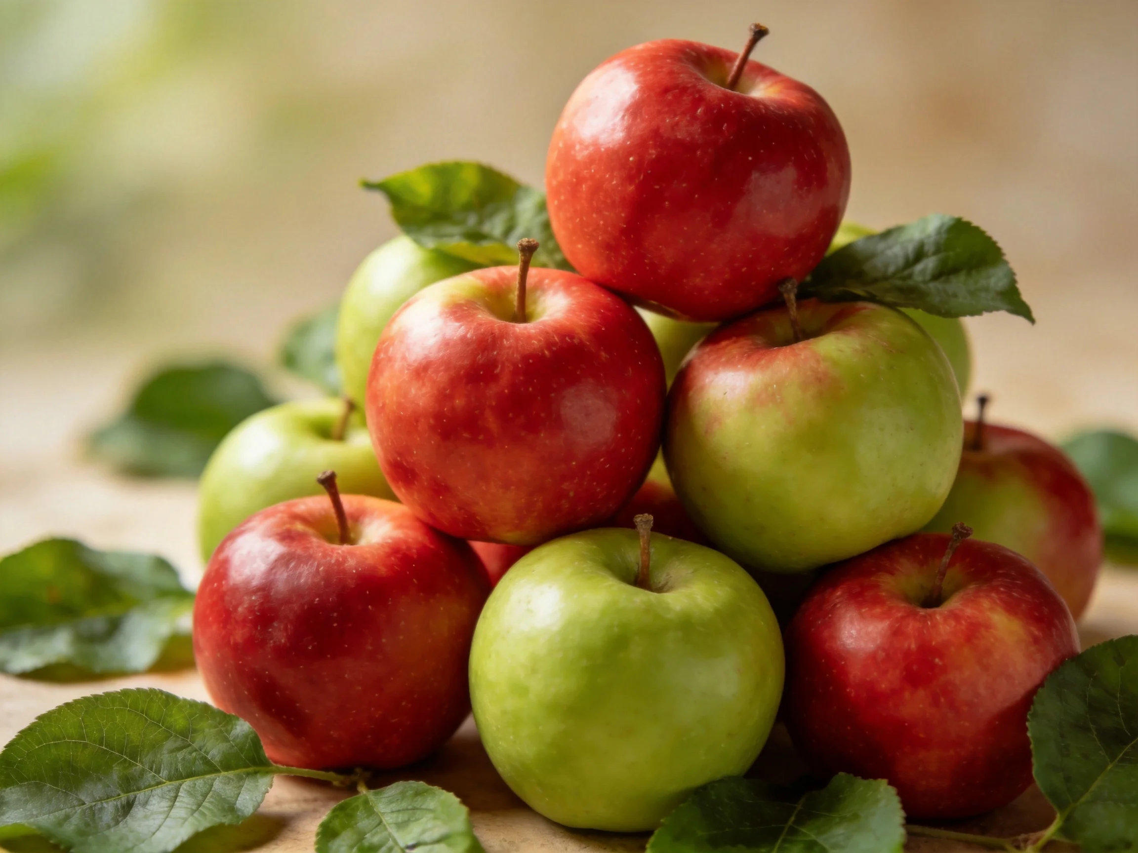 A pyramid of vibrant red and green apples with scattered leaves
