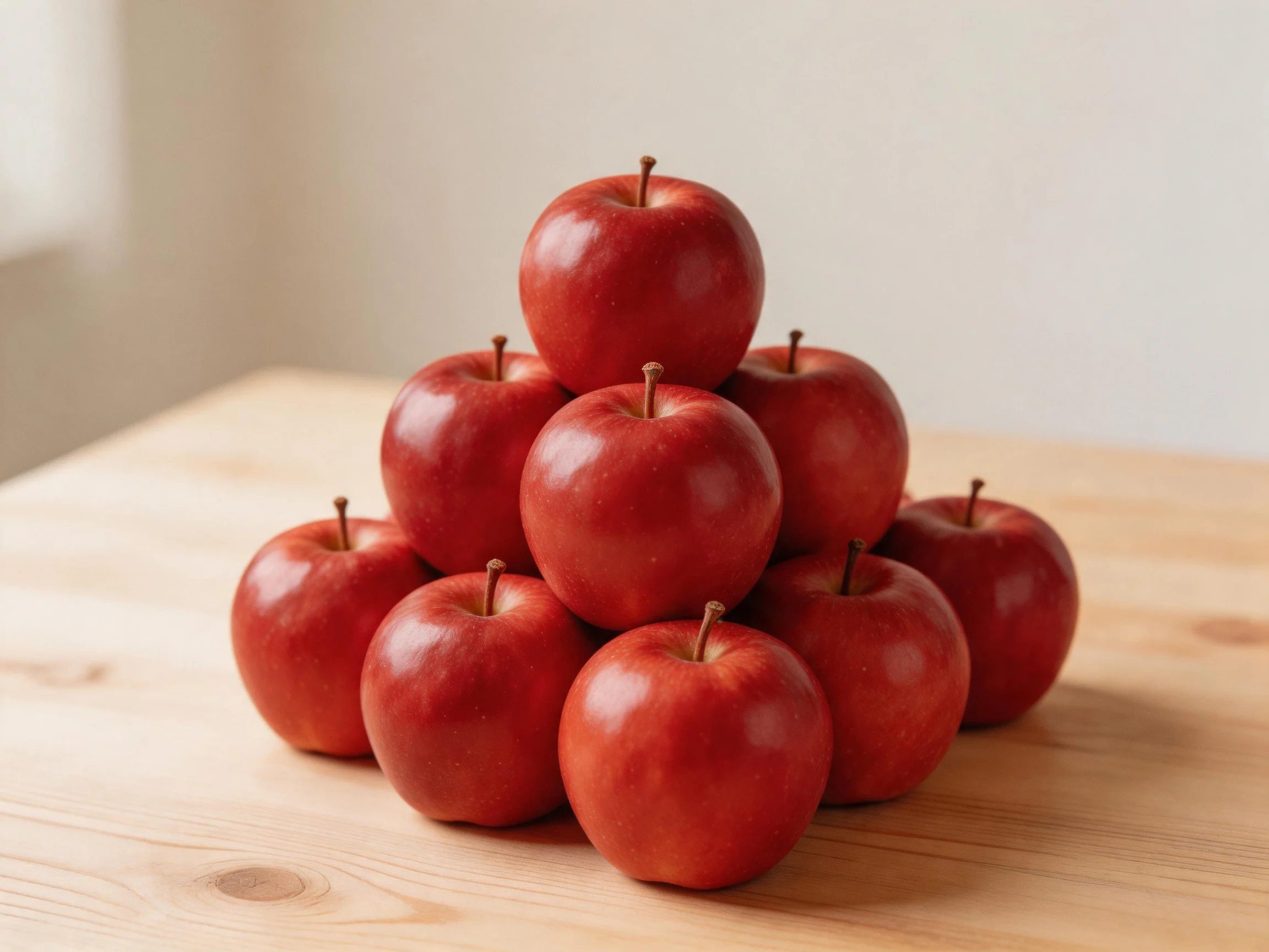 A pyramid of vibrant red apples arranged on a wooden table