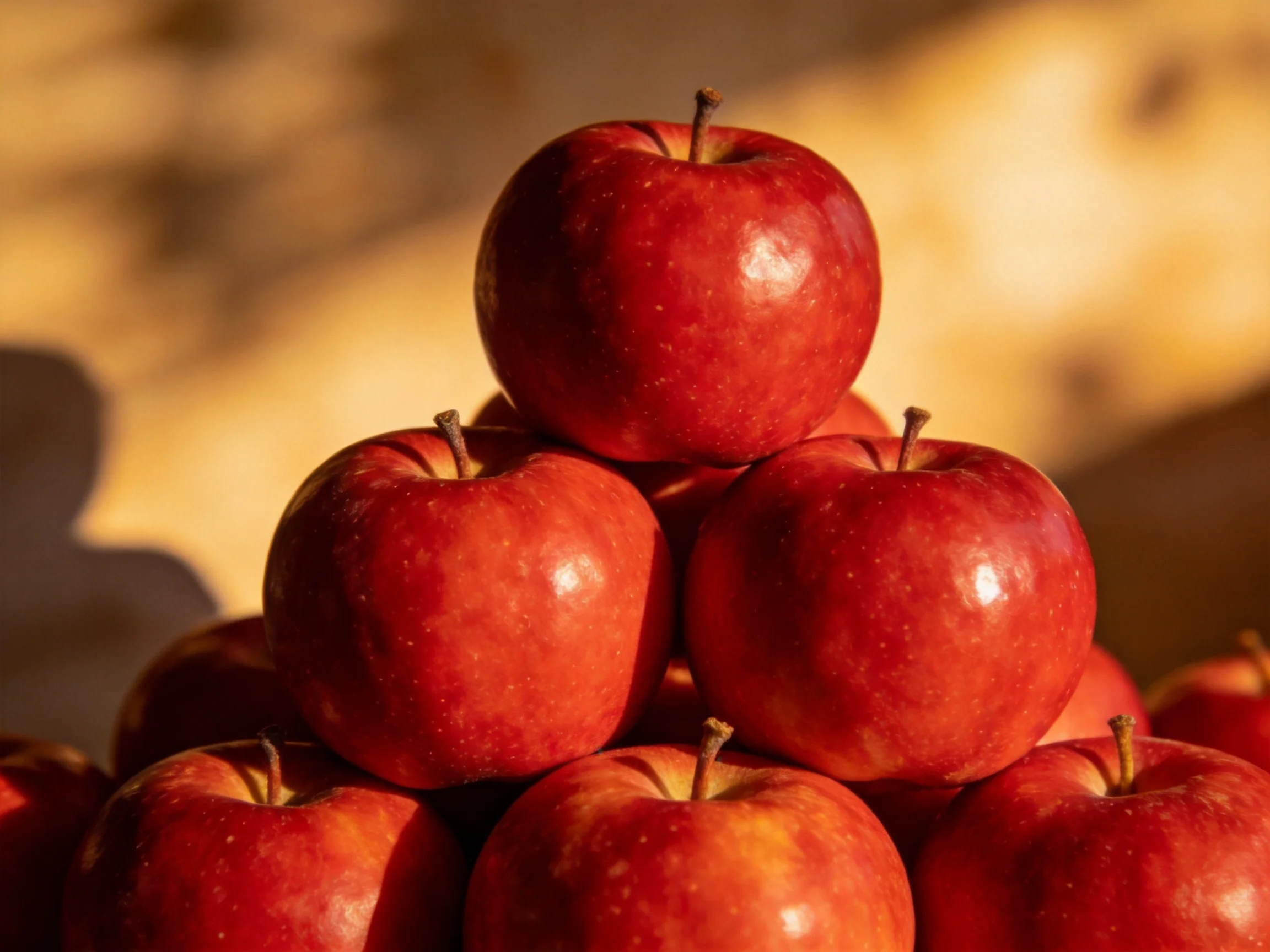 A pyramid of vibrant red apples stacked in a structured formation