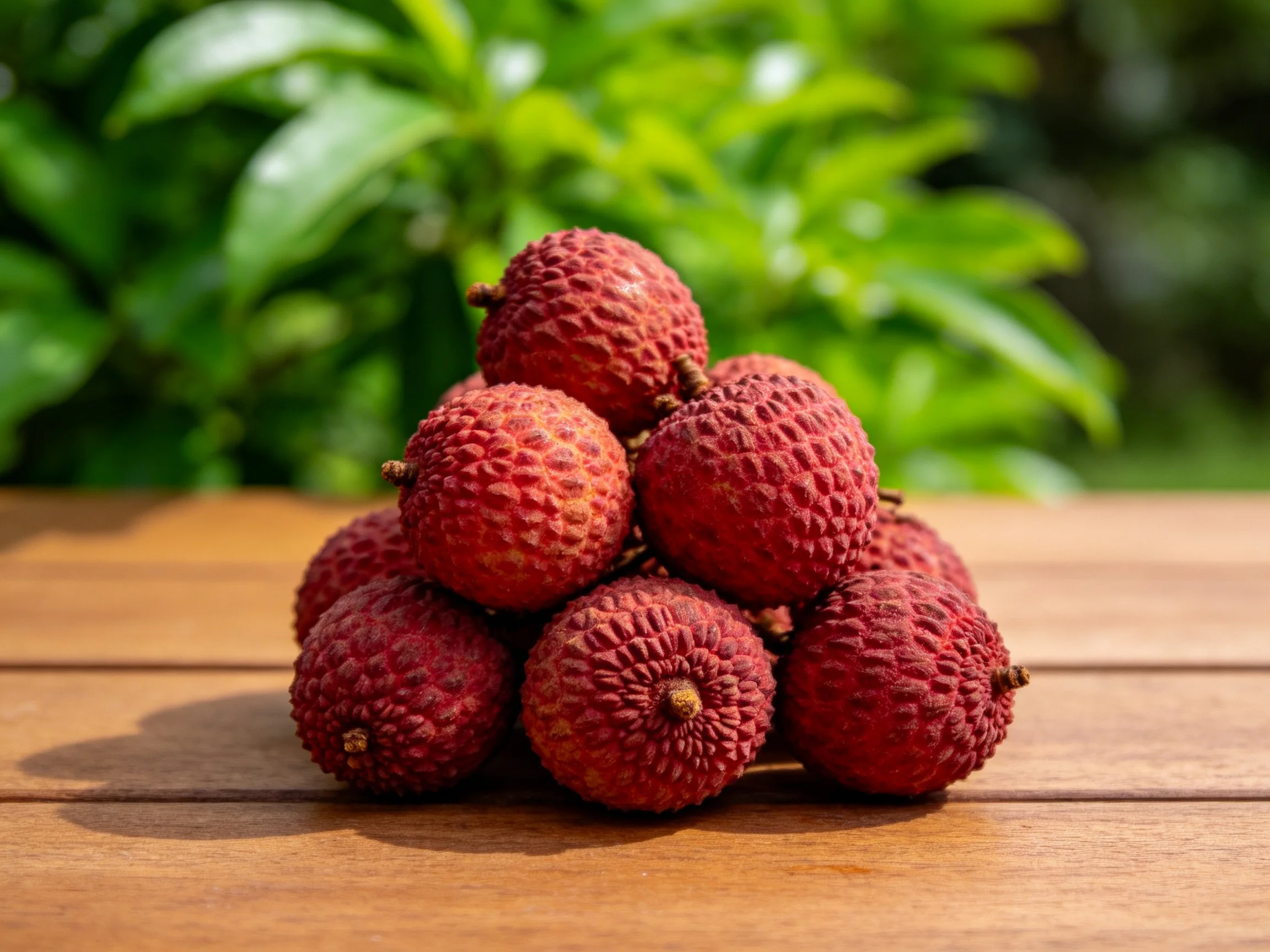 A pyramid of vibrant red lychees arranged on a wooden table